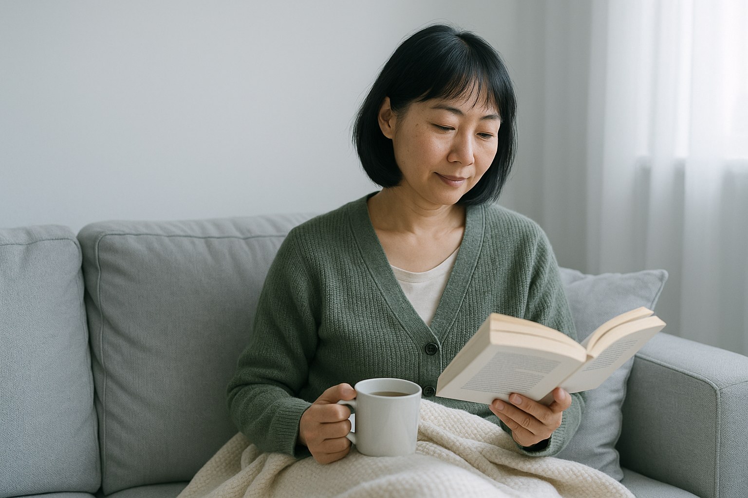 Lifestyle: Mei, an East Asian woman in her mid 40s with a shoulder-length black bob and a moss green cardigan, sitting on