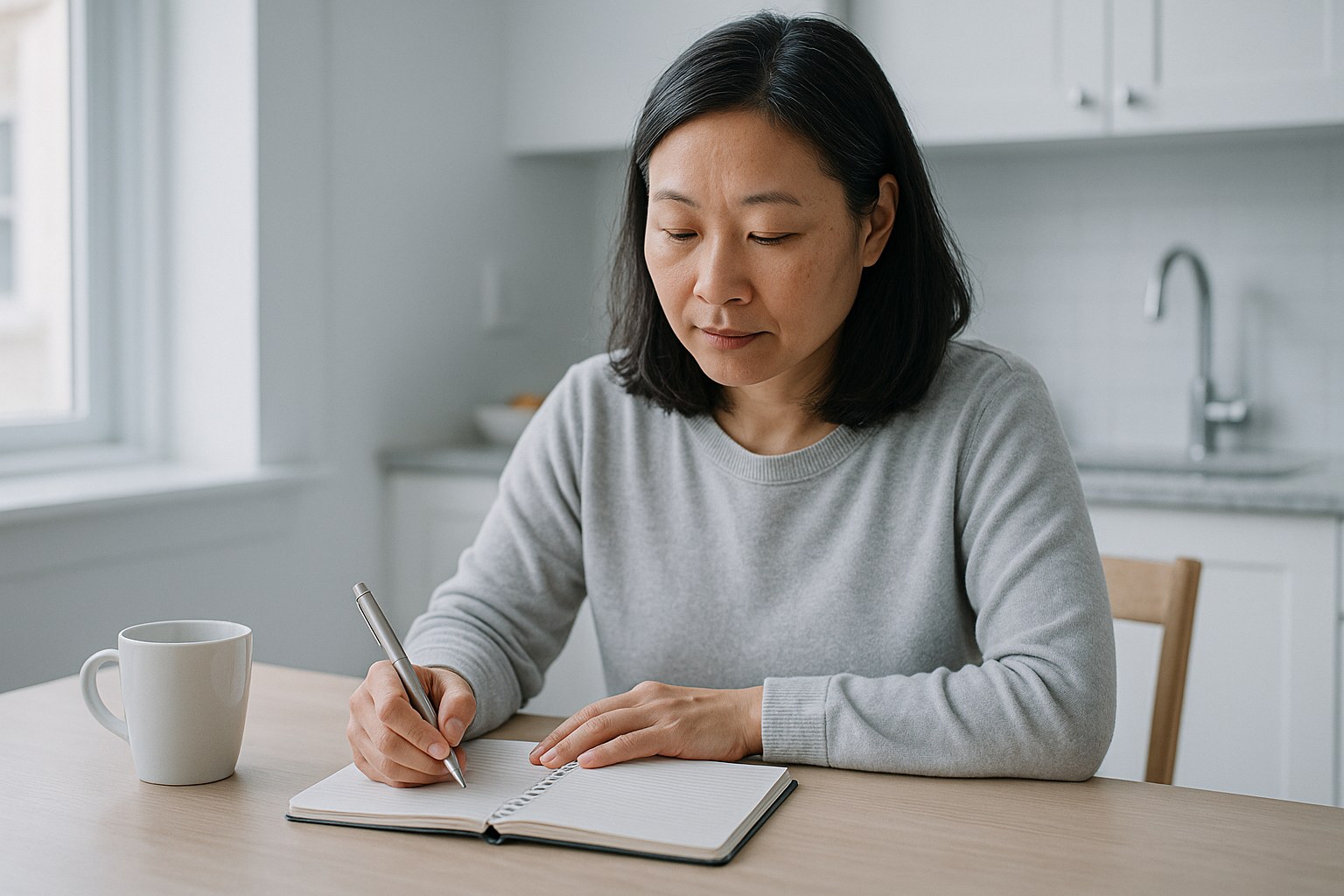 Lifestyle: Mei, the same woman, at her kitchen table writing questions in a notebook before an appointment, attentive and