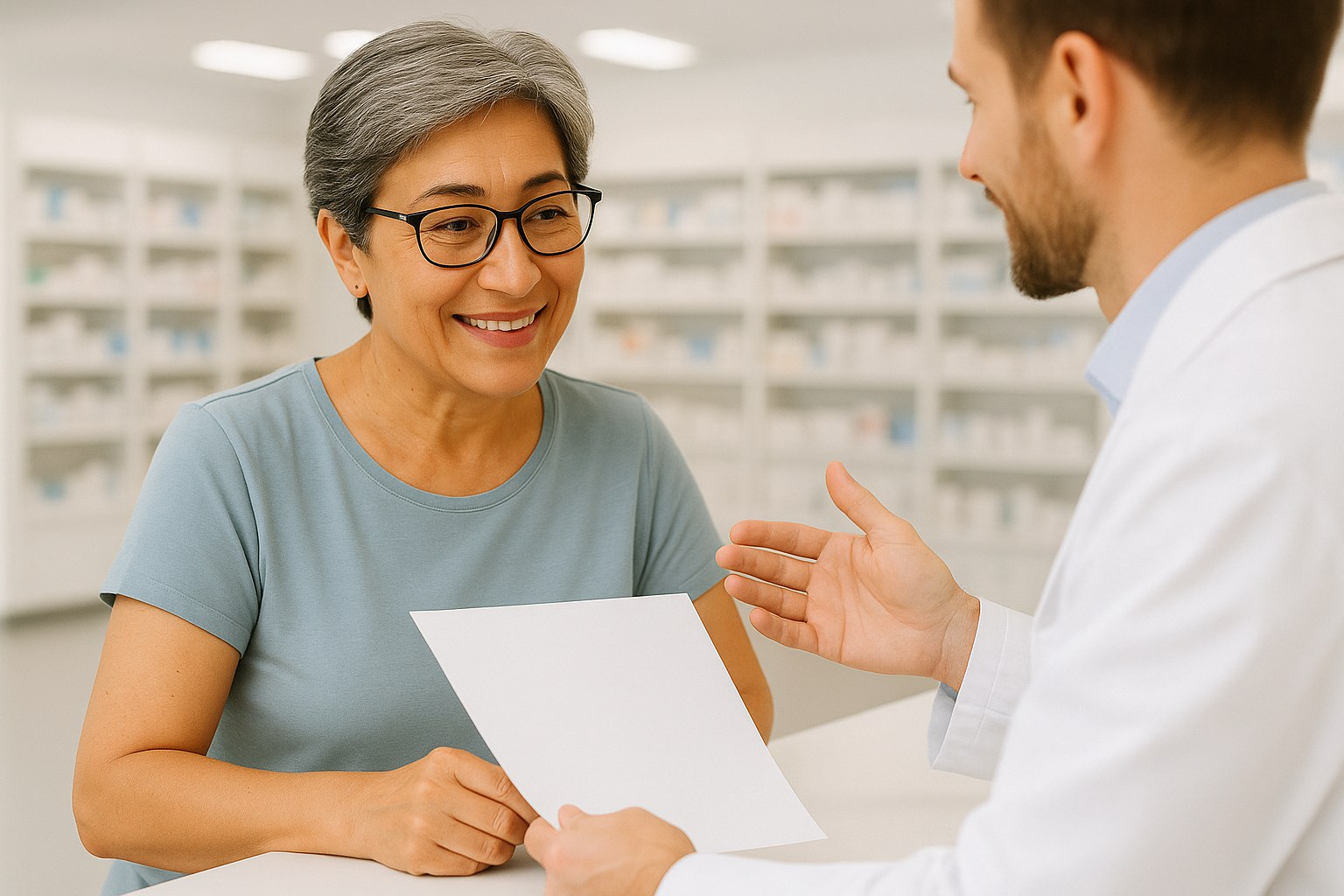 Lifestyle: Samira, the same woman, at a bright pharmacy counter chatting with a pharmacist in a white coat who gestures t