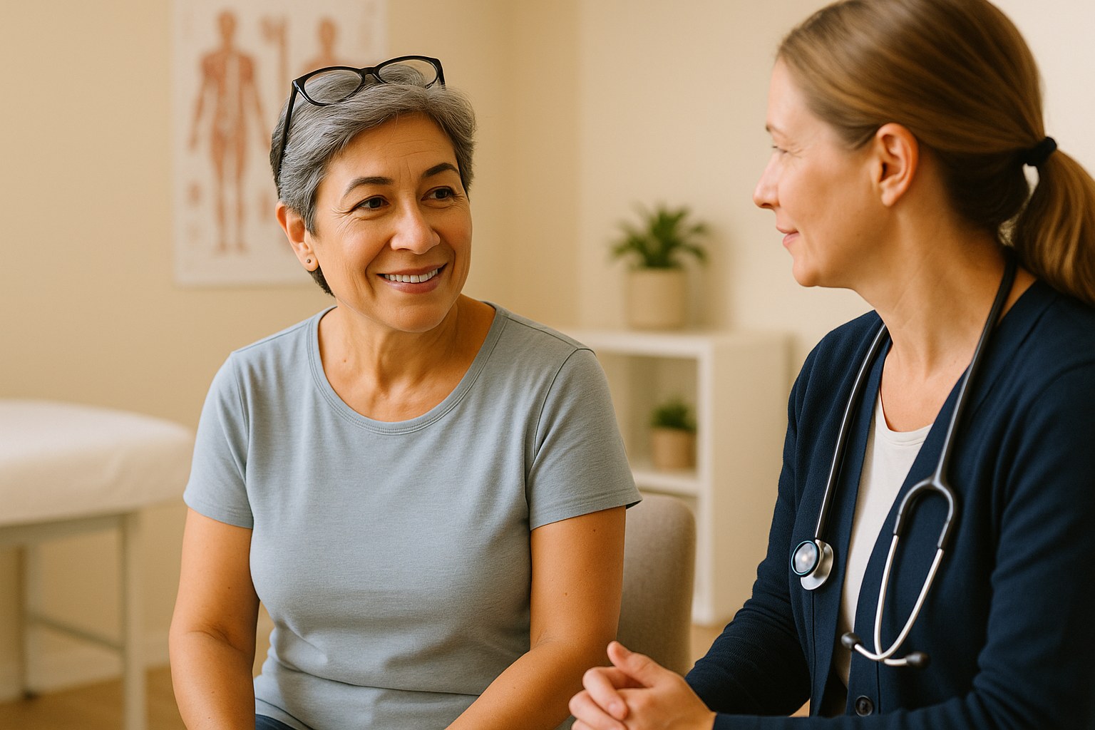 Lifestyle: Samira, the same woman, seated in a calm exam room talking with a female clinician in a navy cardigan who is l