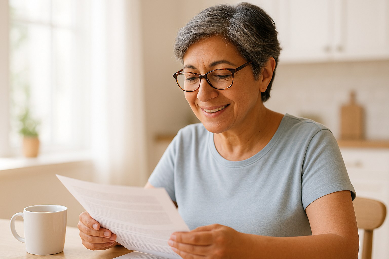 Lifestyle: Samira, a Middle Eastern woman in her late 50s with short silver-streaked dark hair, olive skin and tortoisesh