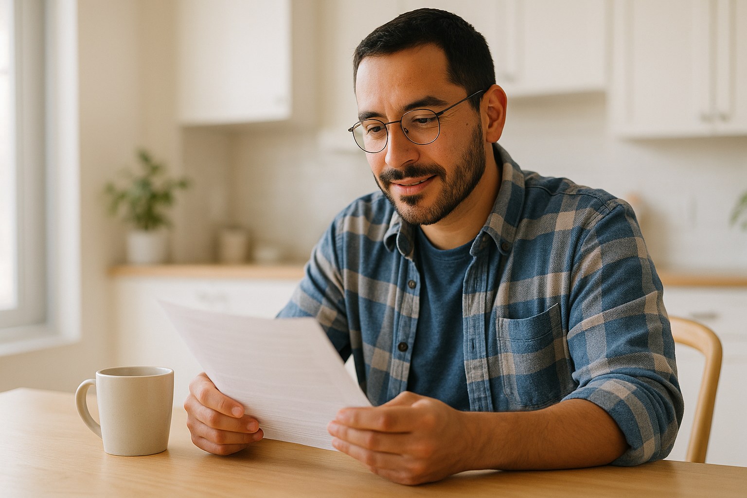 Lifestyle: Tomás, a Latino man in his late 30s with a short dark beard, rolled flannel sleeves and wire-rimmed glasses, r