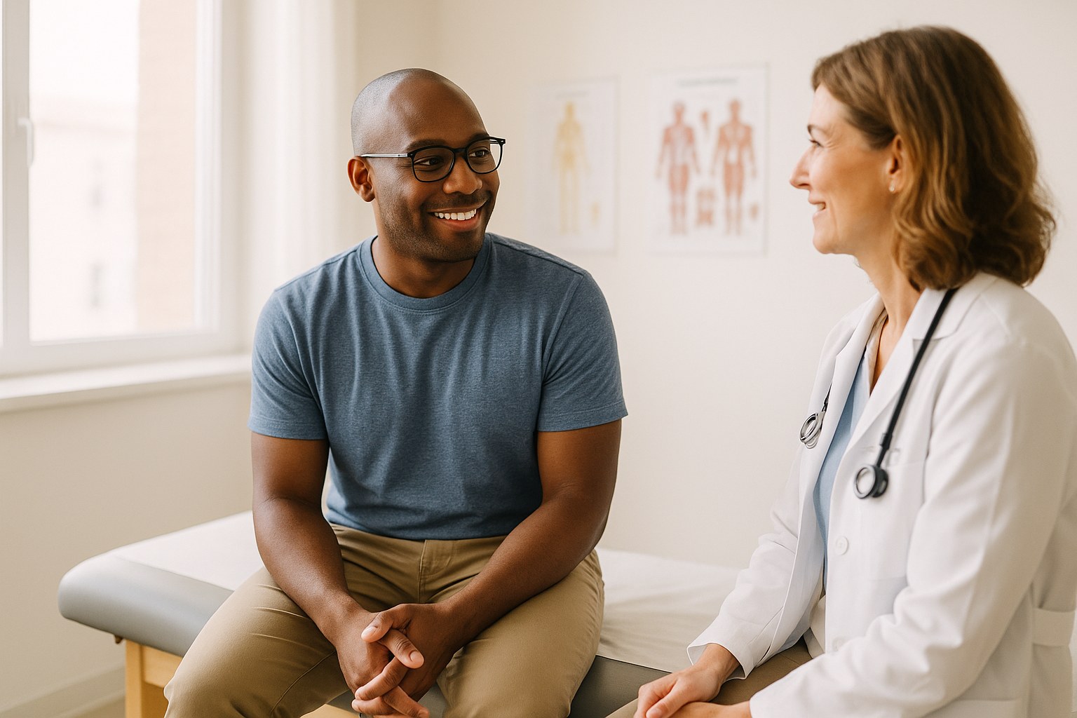 Lifestyle: Marcus, a Black man in his late 30s with a shaved head and dark-framed glasses, sitting on the exam table in a