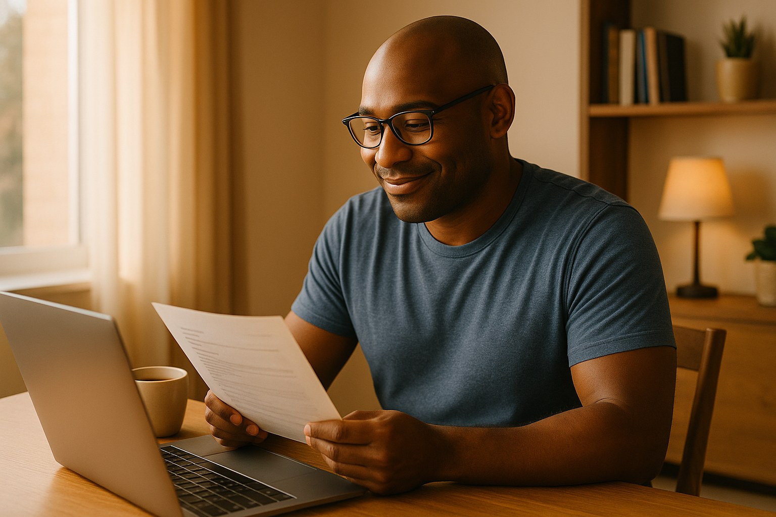 Lifestyle: Marcus, the same man, at a home office desk in late afternoon, reading a lab results page on a laptop with a c