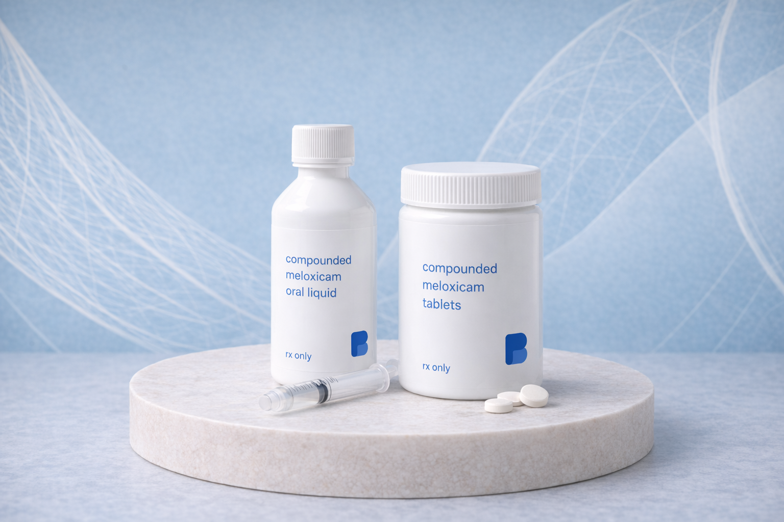 Compounded meloxicam oral liquid with an oral dosing syringe and a bottle of meloxicam tablets