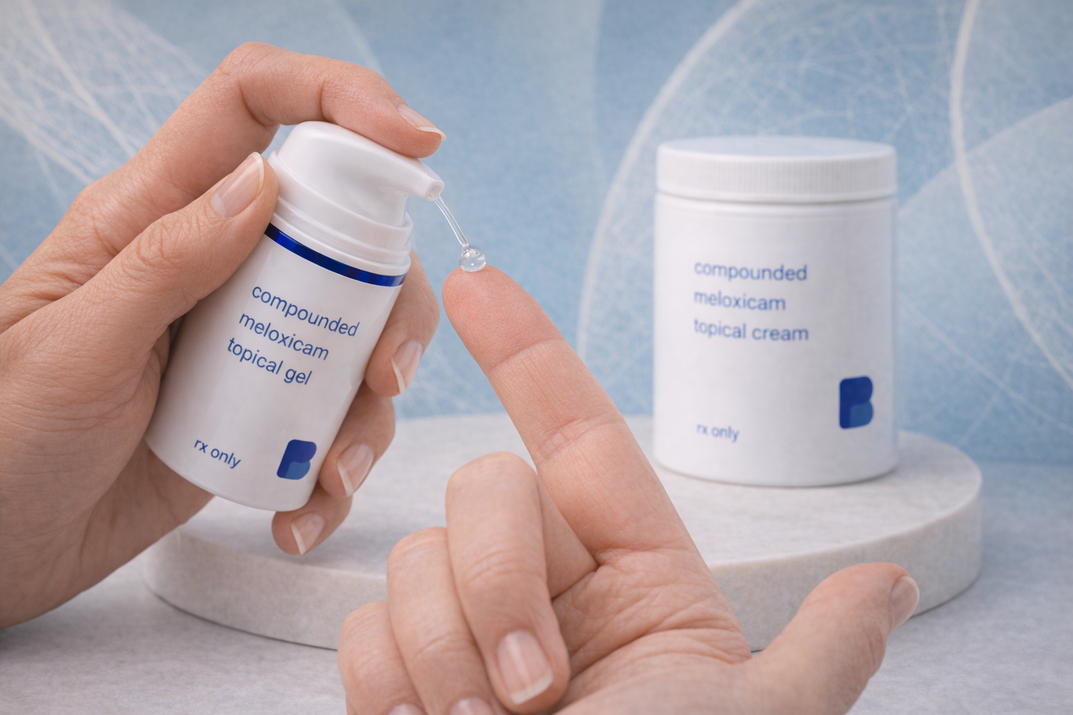 Compounded meloxicam topical gel dispensed from a metered pump onto a fingertip, with a jar of meloxicam cream behind
