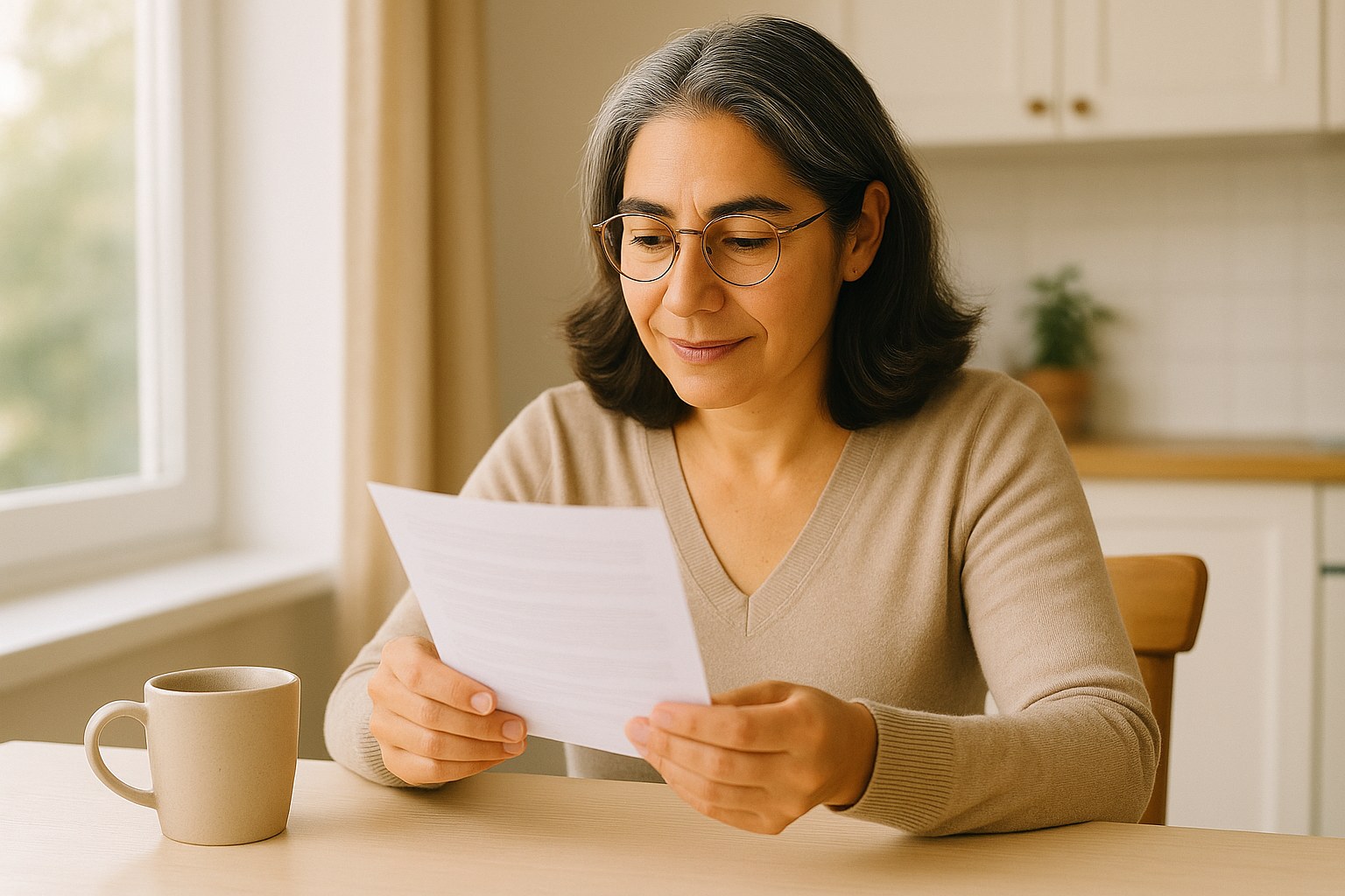 Lifestyle: Renata, the same woman, at her kitchen table with a mug and a folded instruction sheet, reading it carefully,