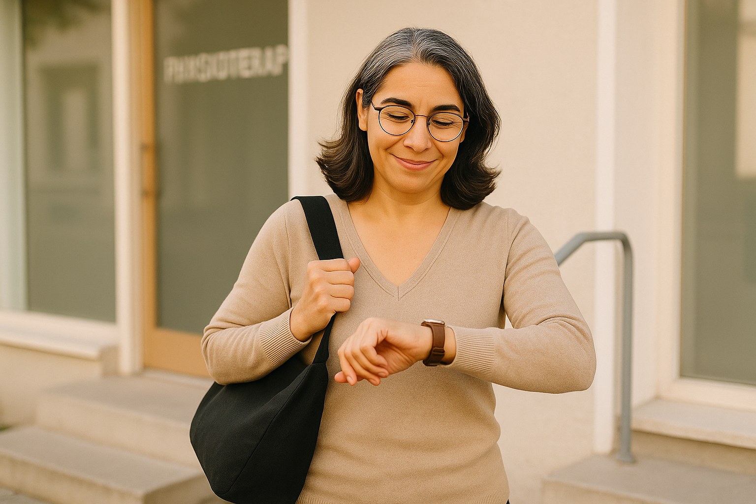 Lifestyle: Renata, the same woman, on the front step of a physical therapy studio with a bag over her shoulder, pausing t