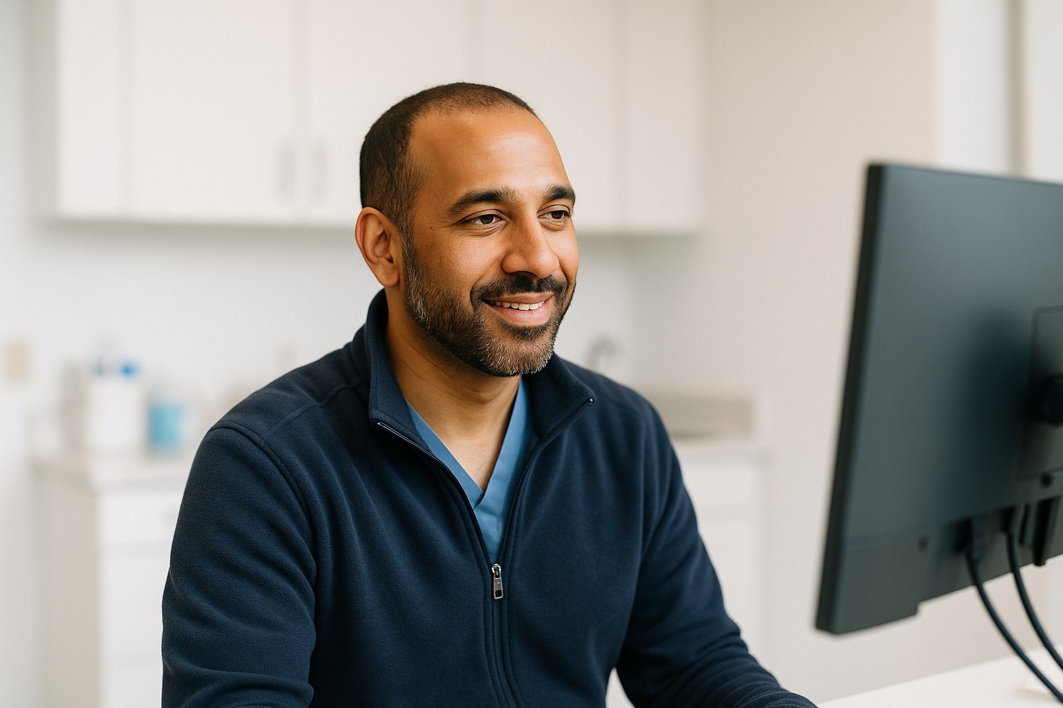 Lifestyle: Yusuf, a man in his early 40s with warm brown skin, close-cropped black hair and a neatly trimmed beard, in a
