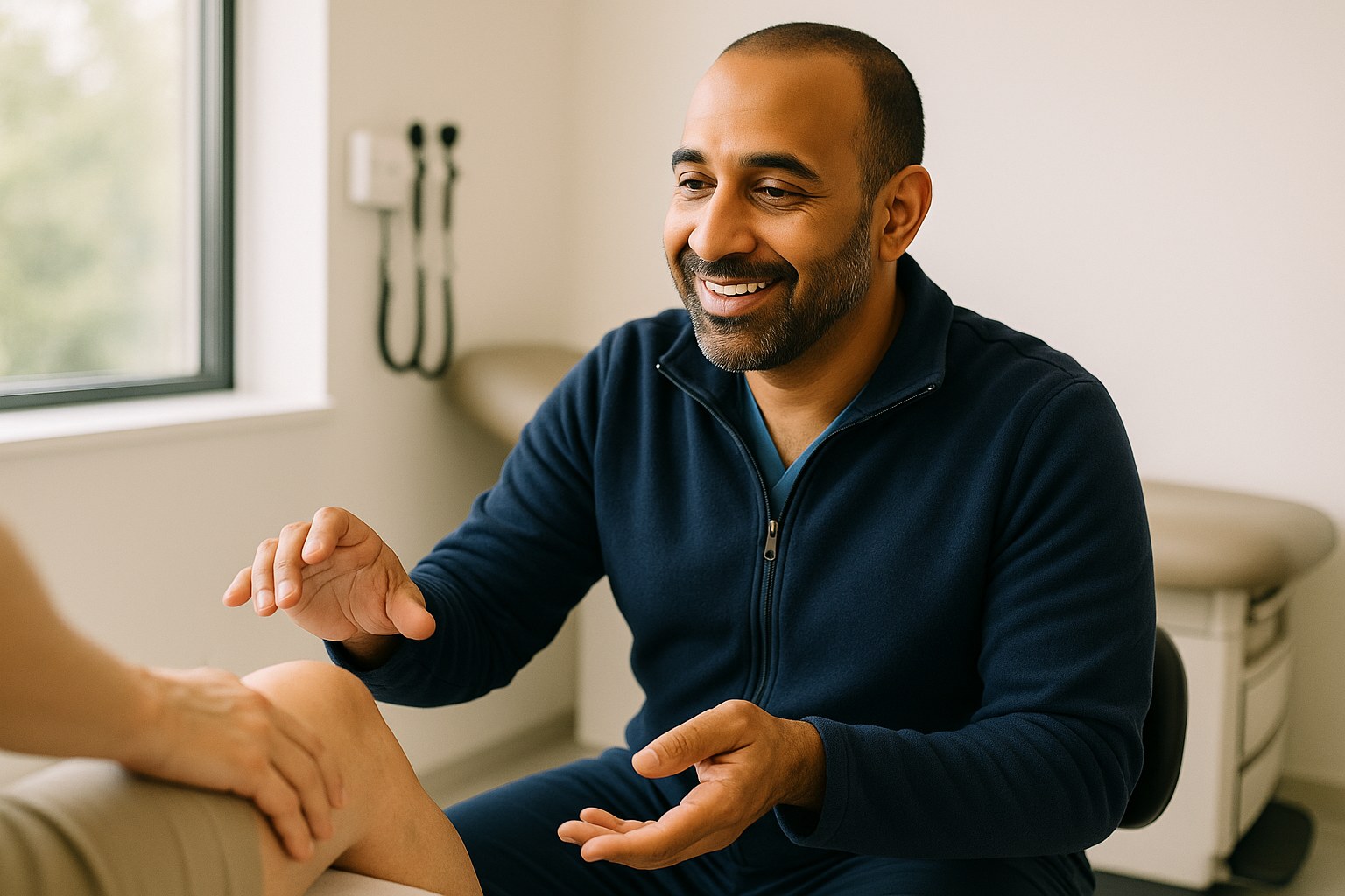 Lifestyle: Yusuf, the same man, in an exam room seated on a rolling stool turned toward an adult patient's knee, engaged