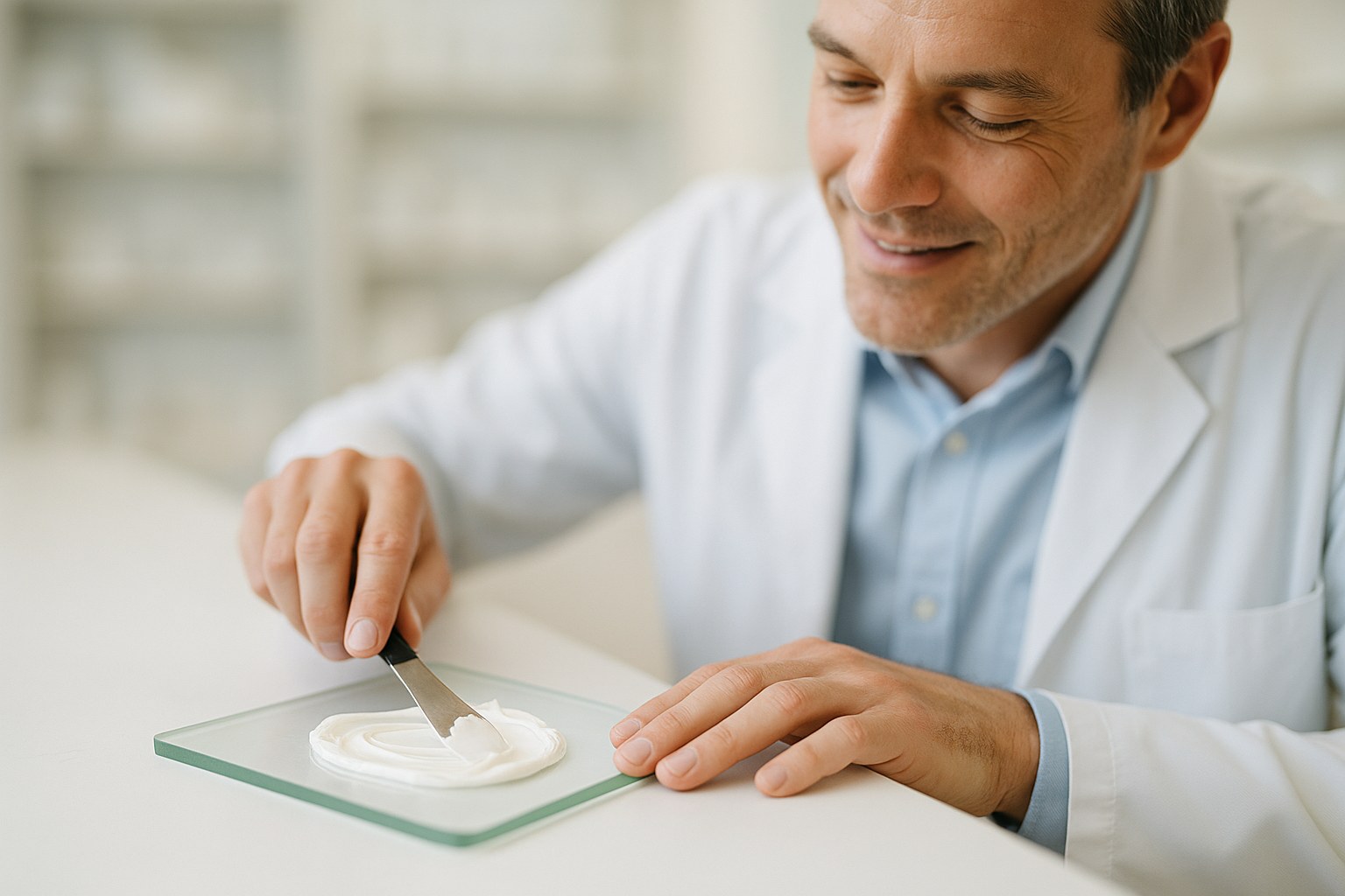 Lifestyle: two hands at a clean pharmacy bench smoothing a pale cream across a glass ointment slab with a steel spatula,