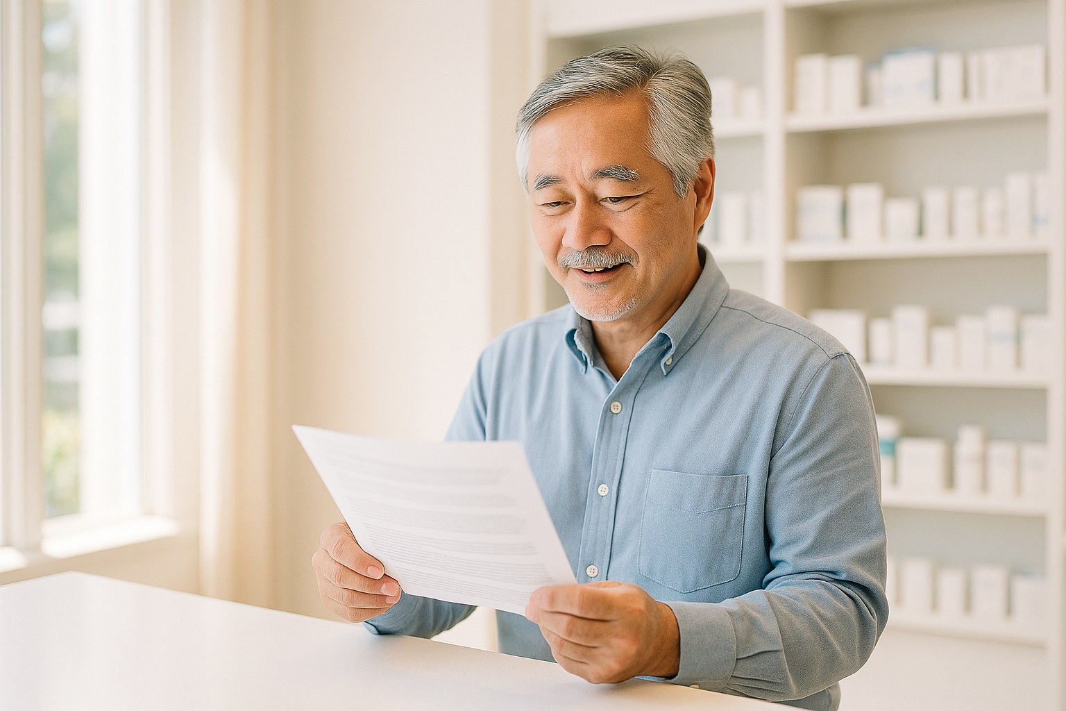 Lifestyle: Victor, an East Asian man in his early 60s with silver hair and a neatly trimmed mustache, standing at a pharm