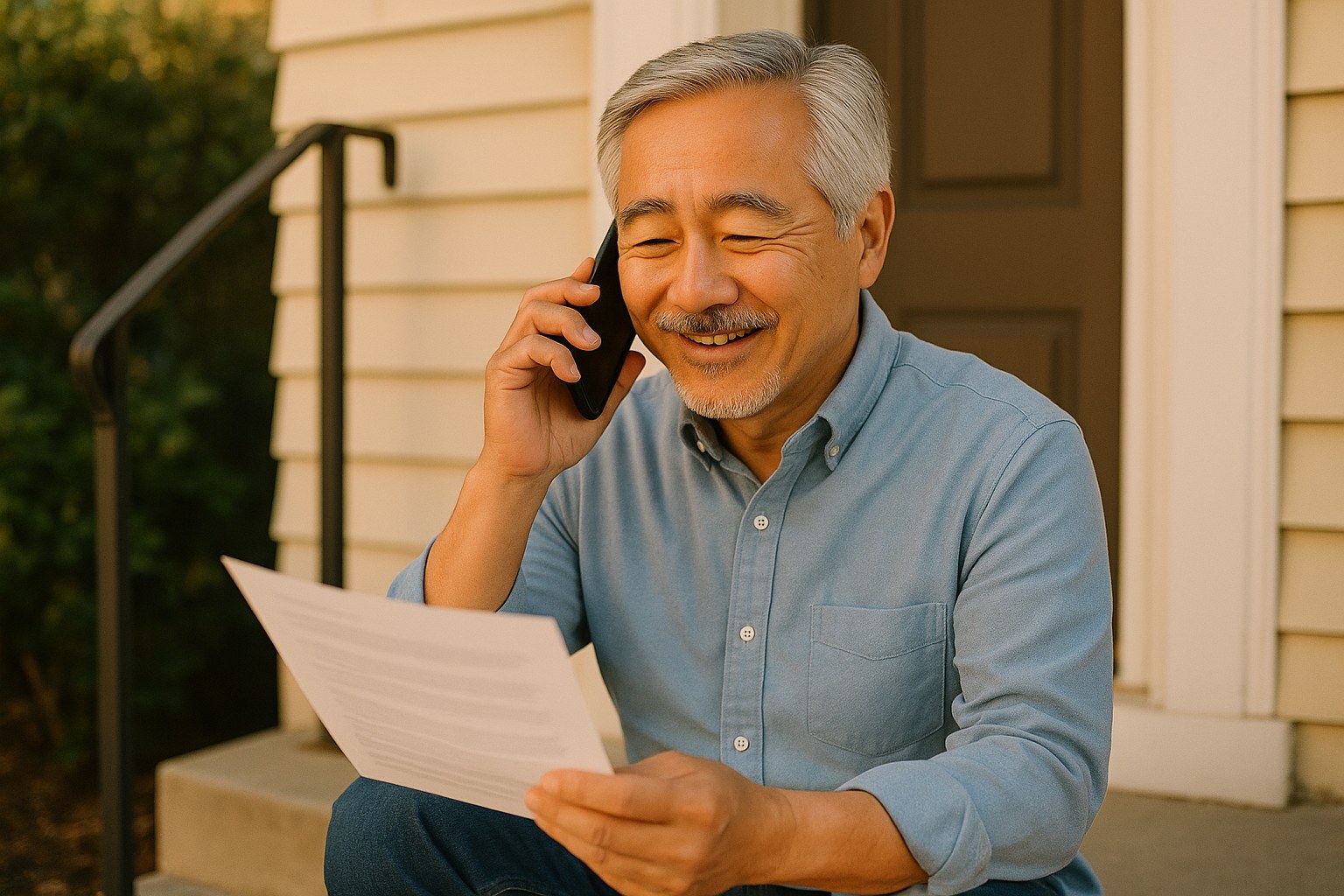 Lifestyle: Victor, the same man, sitting on his front step with a phone to his ear and a folded paper in one hand, quietl