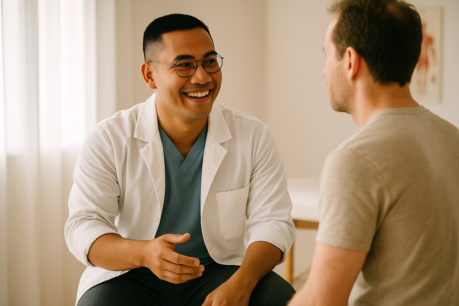 Lifestyle: Rico, the same man, sleeves rolled, talking with an adult patient seated on an exam table, both engaged and at