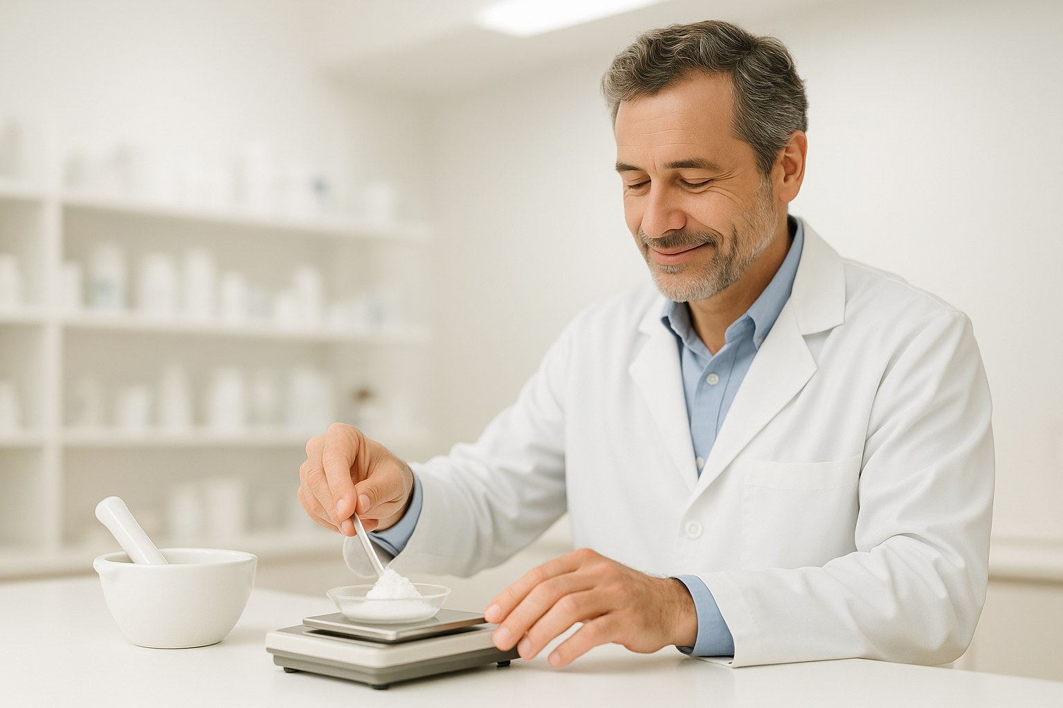 Lifestyle: a pharmacist in a white coat at a clean compounding bench, hands and forearms only, absorbed in weighing powde