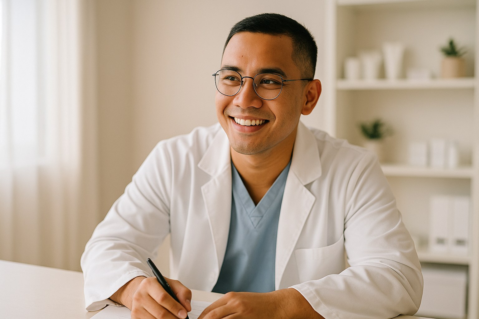 Lifestyle: Rico, a Filipino man in his early 30s with close-cropped black hair, wire-rim glasses, and a small scar throug