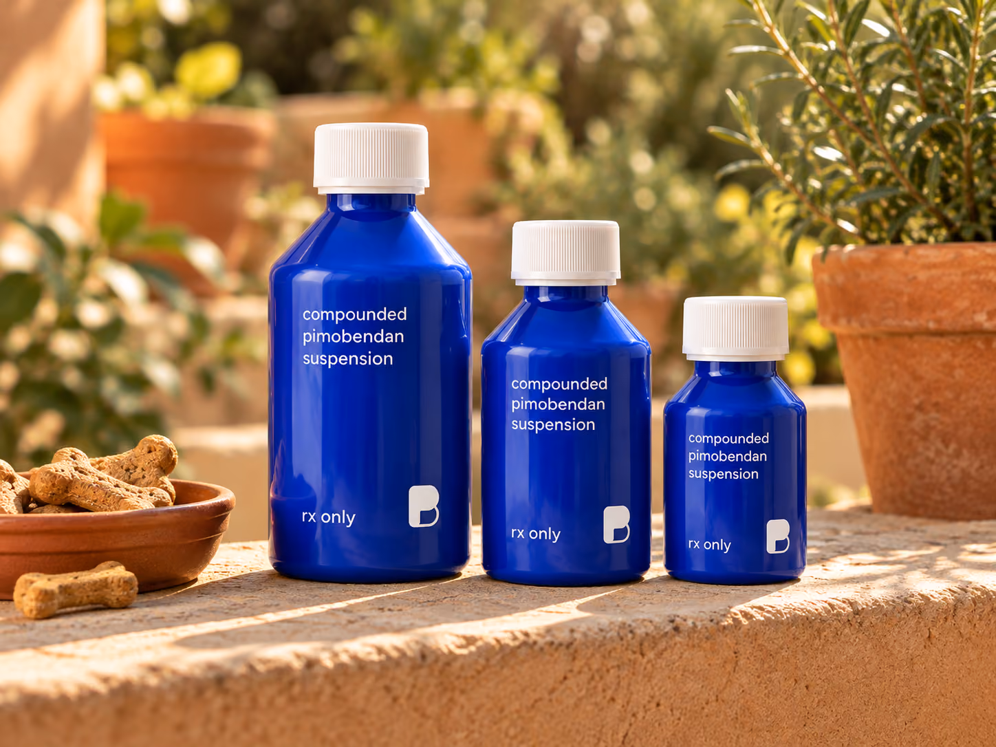 Three sizes of compounded pimobendan suspension in a row, from Bayview Pharmacy