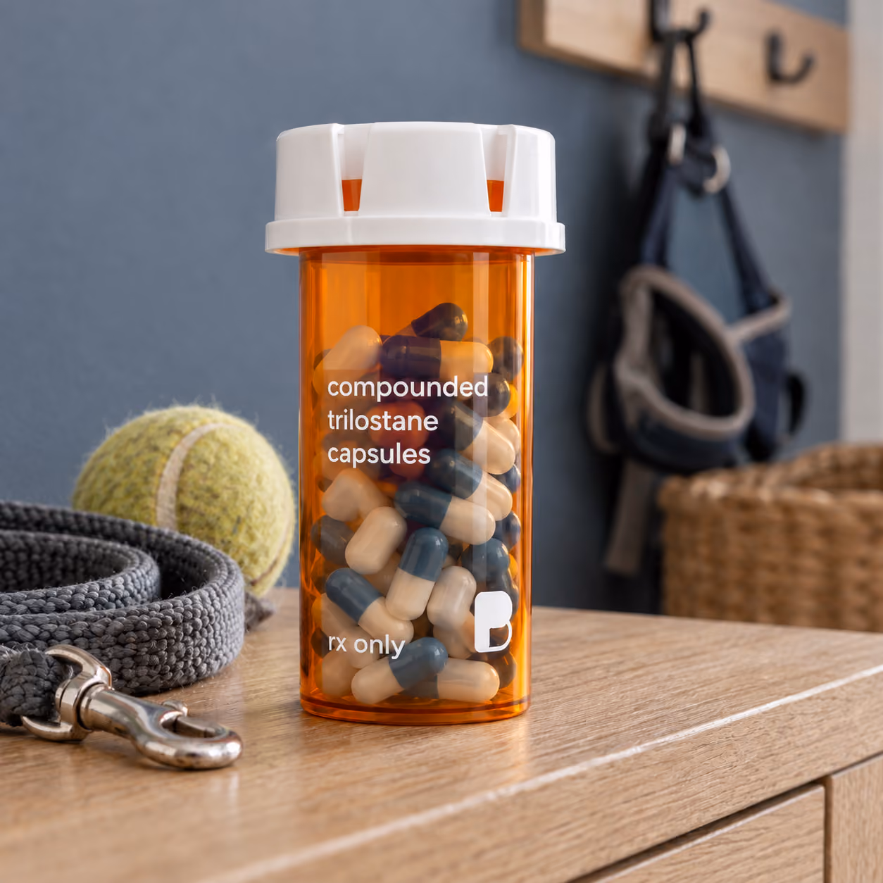 Compounded trilostane capsules on an entryway console beside a dog leash and tennis ball, from Bayview Pharmacy
