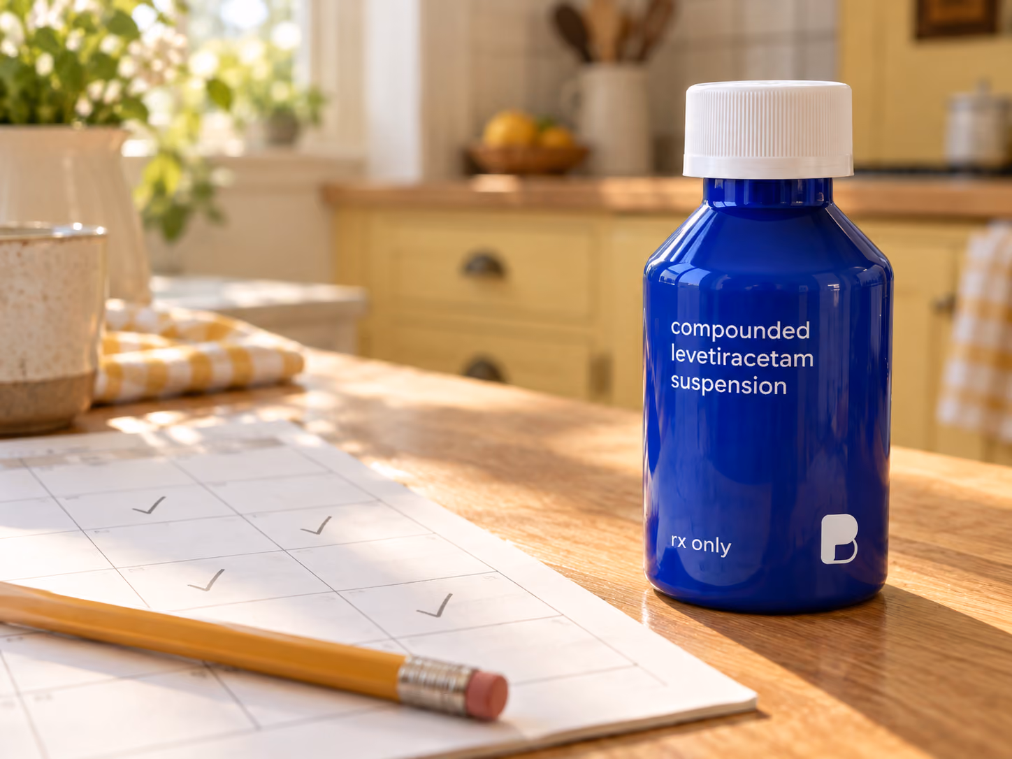 A seizure calendar with pencil check marks beside compounded levetiracetam suspension, from Bayview Pharmacy