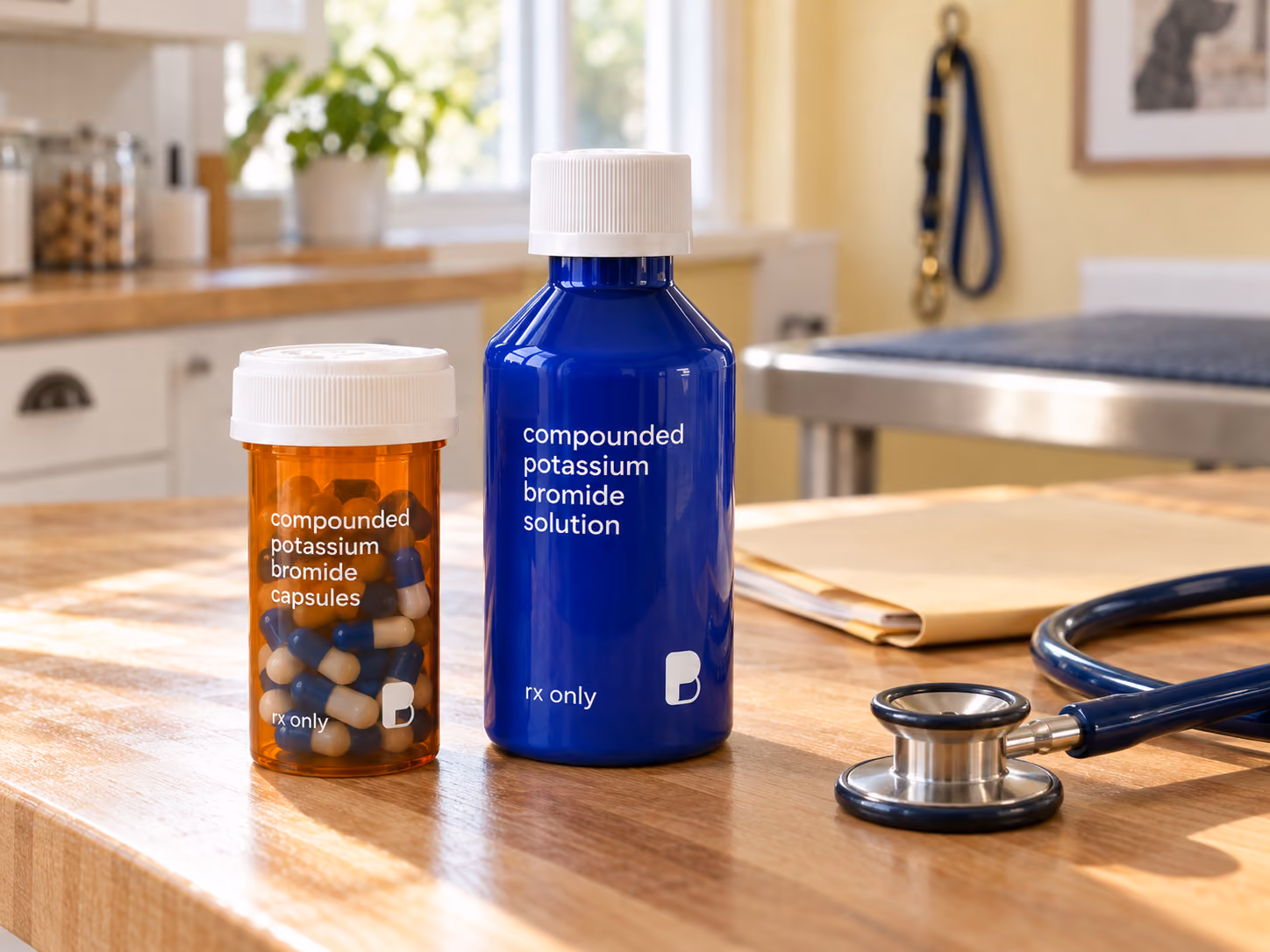Compounded potassium bromide capsules and solution for dogs beside a stethoscope and patient folder, from Bayview Pharmacy