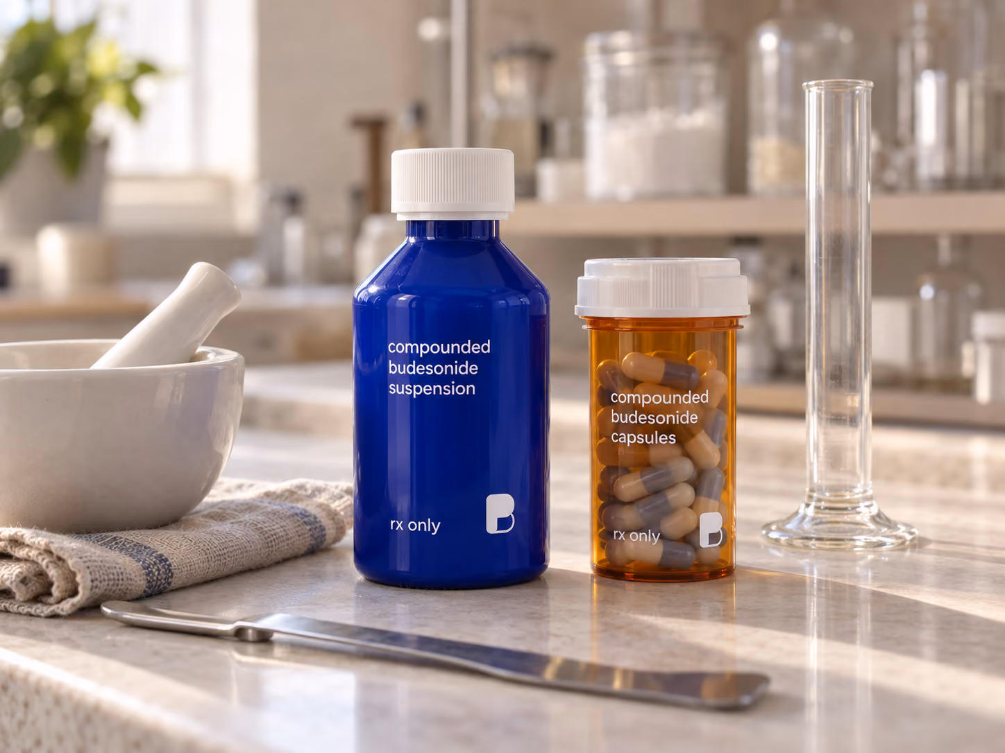 Compounded budesonide suspension and capsules on a pharmacy compounding bench, from Bayview Pharmacy
