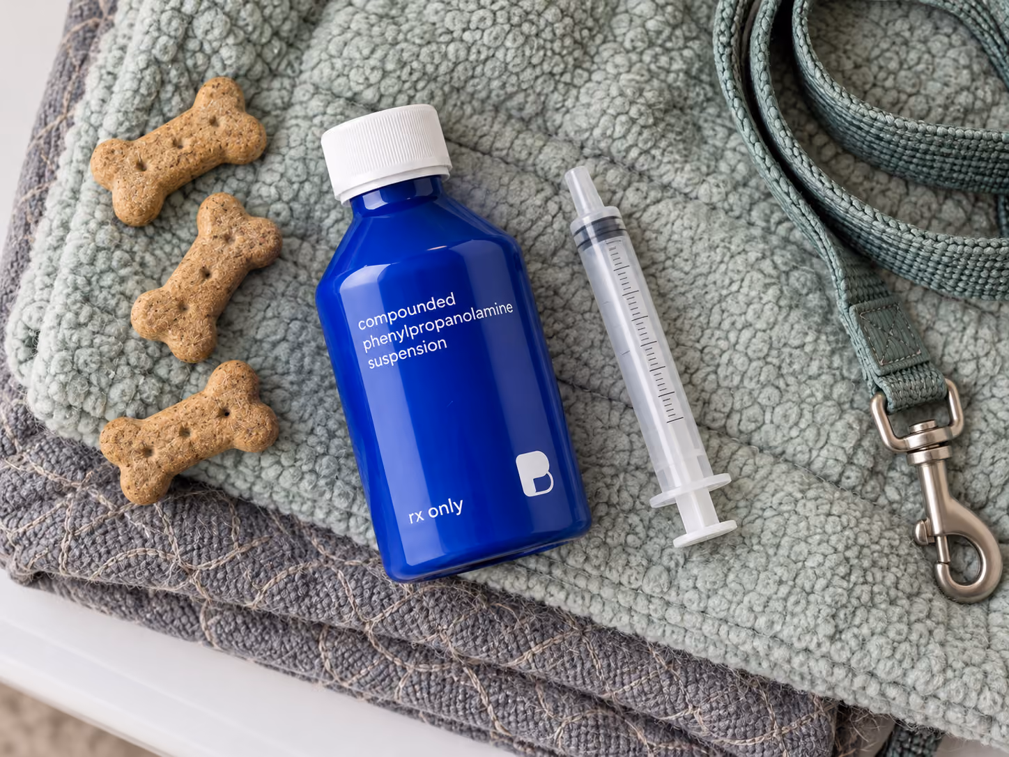 Flatlay of compounded phenylpropanolamine suspension with an oral syringe, dog biscuits and a leash, prepared by Bayview Pharmacy