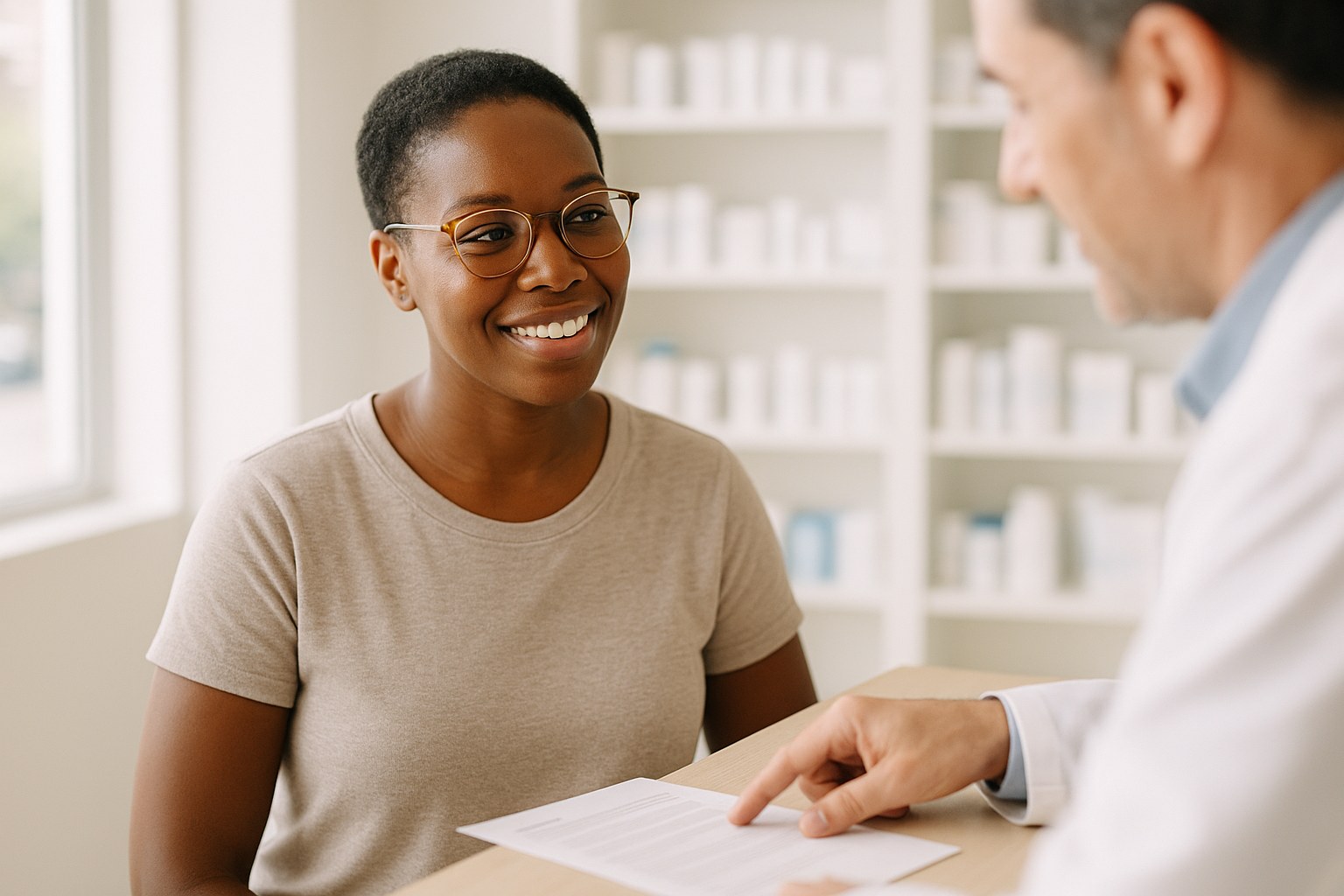 Lifestyle: Imani, a Black woman in her mid 30s with close-cropped natural hair and gold-rimmed glasses, at a pharmacy cou