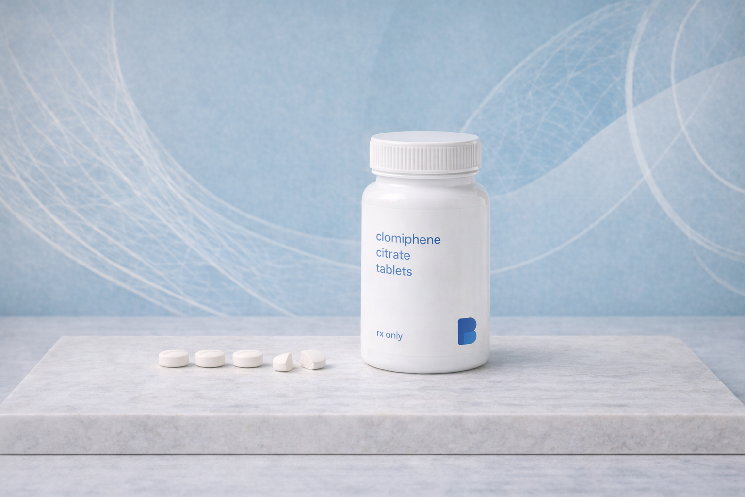 Scored clomiphene citrate tablets, whole and split in half, beside the bottle