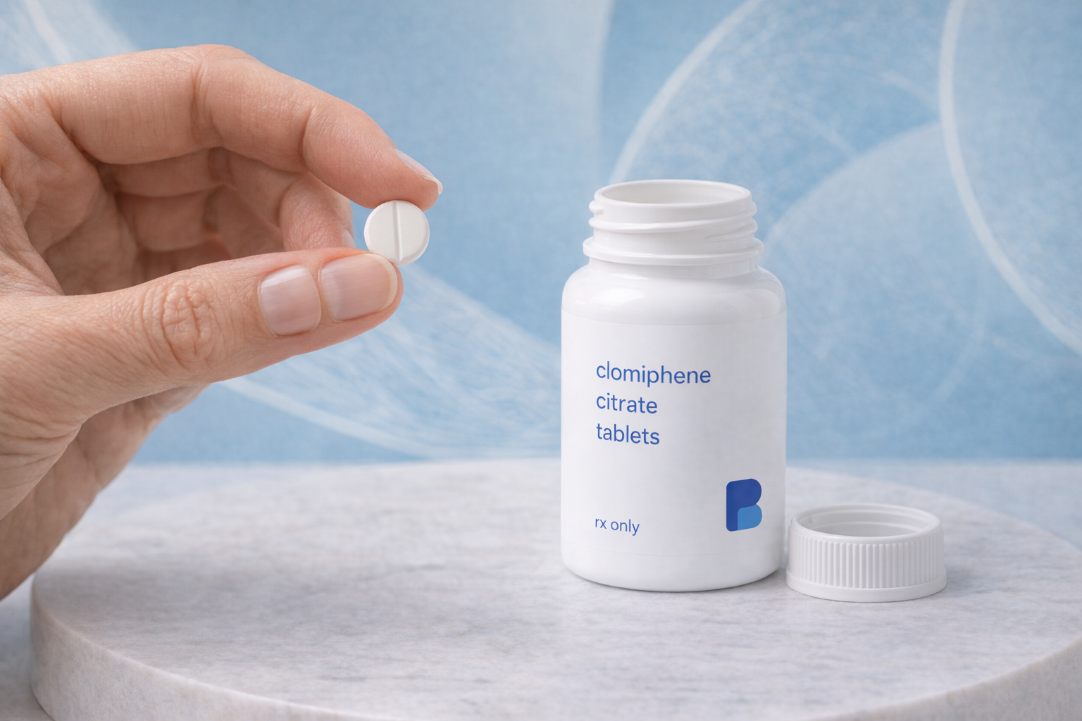 Hand holding a clomiphene citrate tablet beside an open pharmacy bottle