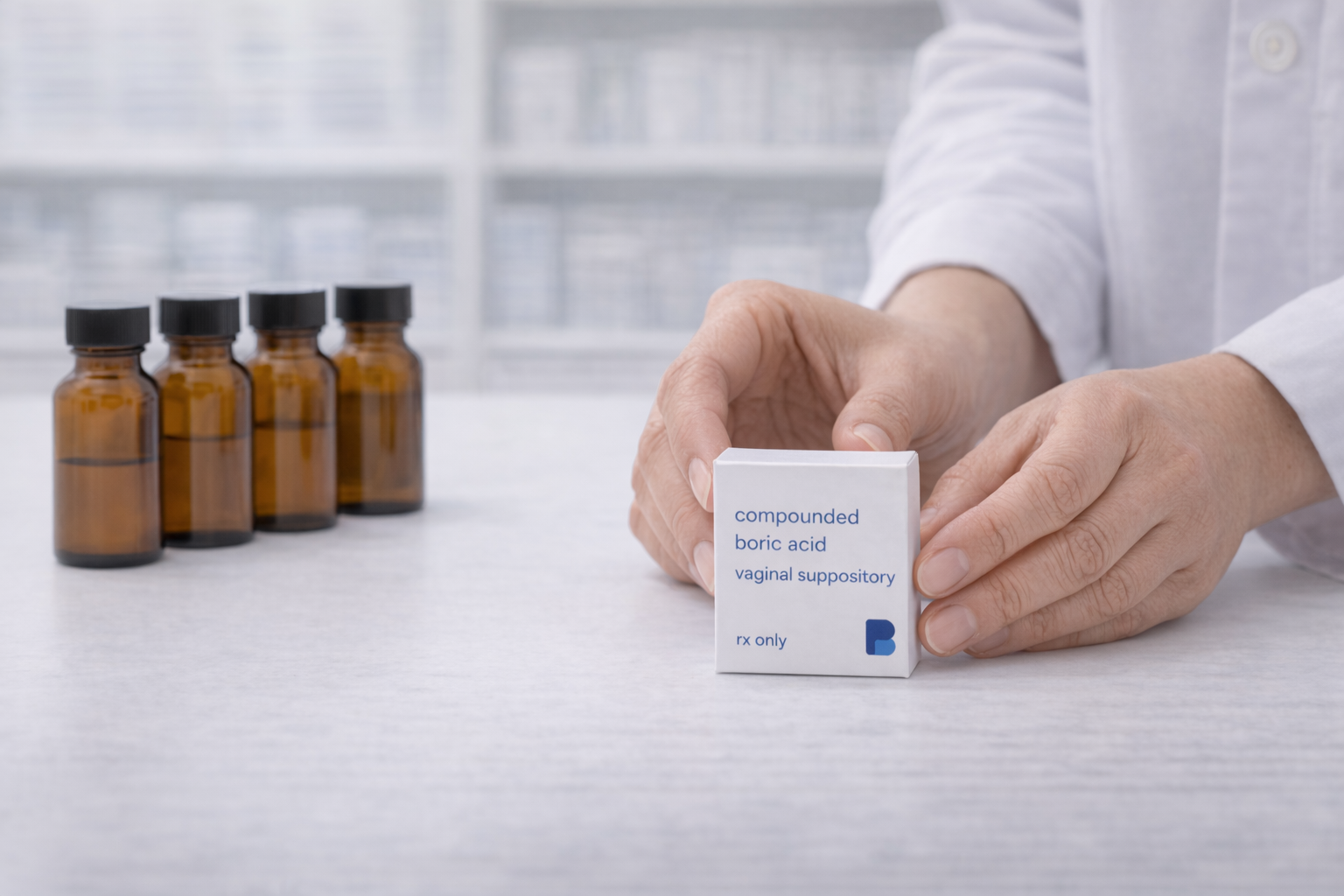 A pharmacist's hands setting a carton of compounded boric acid vaginal suppositories on a pharmacy bench
