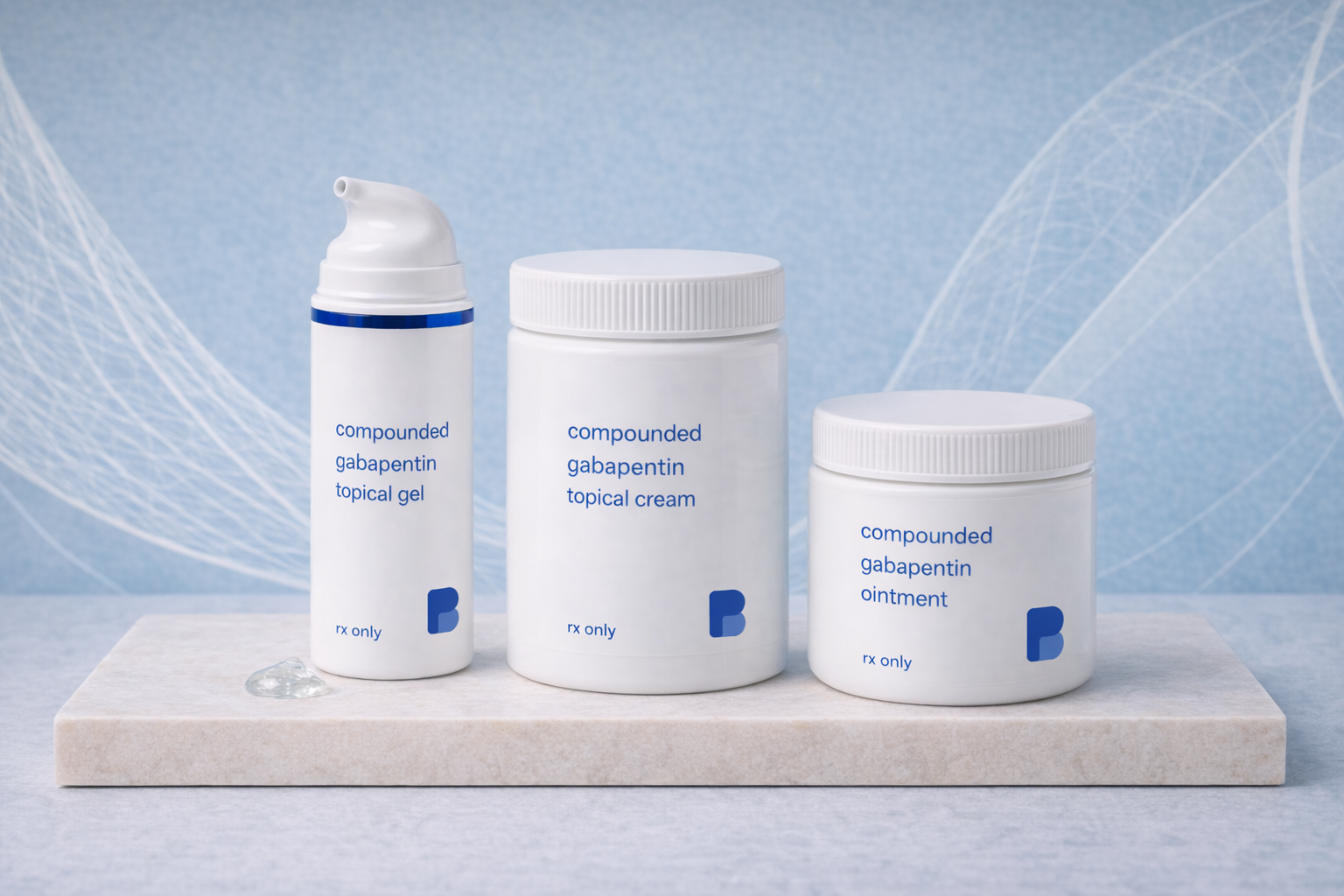 Compounded gabapentin topical gel, topical cream, and ointment on a marble plank