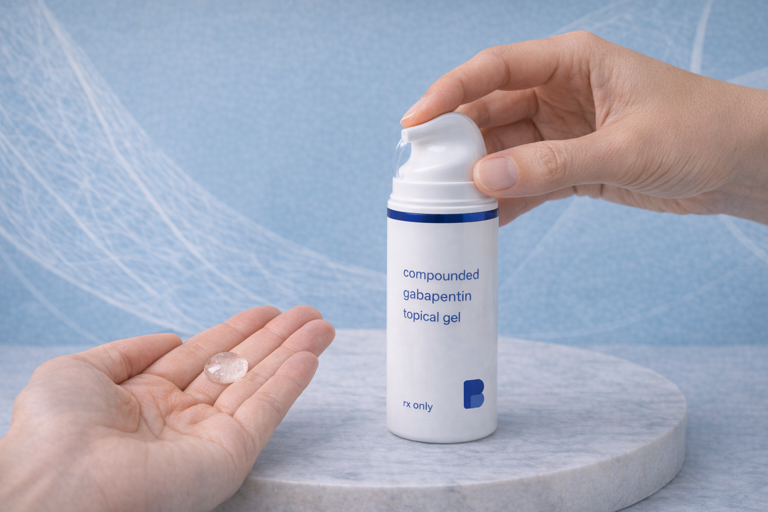 A hand pressing the pump of a compounded gabapentin topical gel bottle