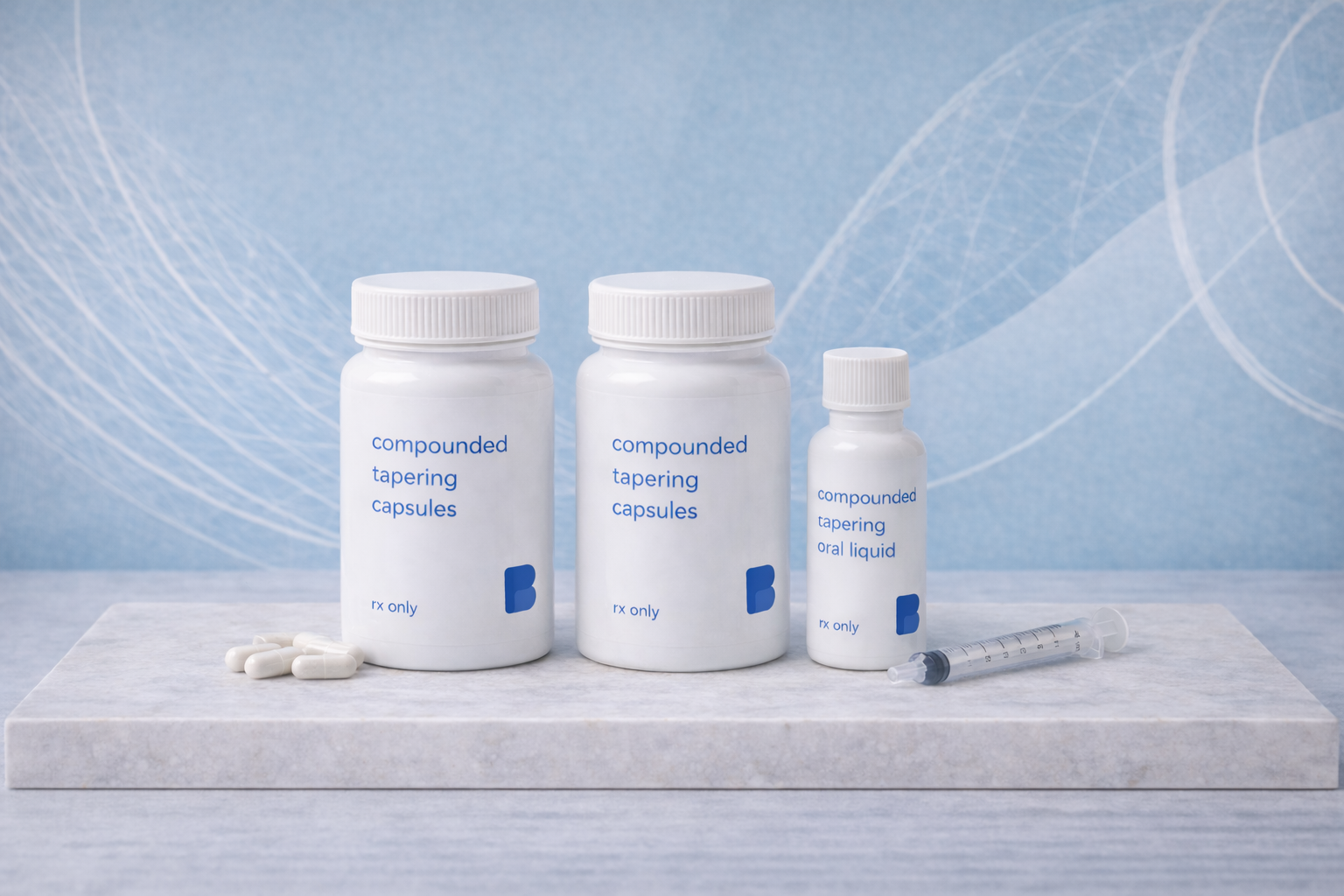 Two bottles of compounded tapering capsules and a tapering oral liquid with an oral syringe from Bayview Pharmacy