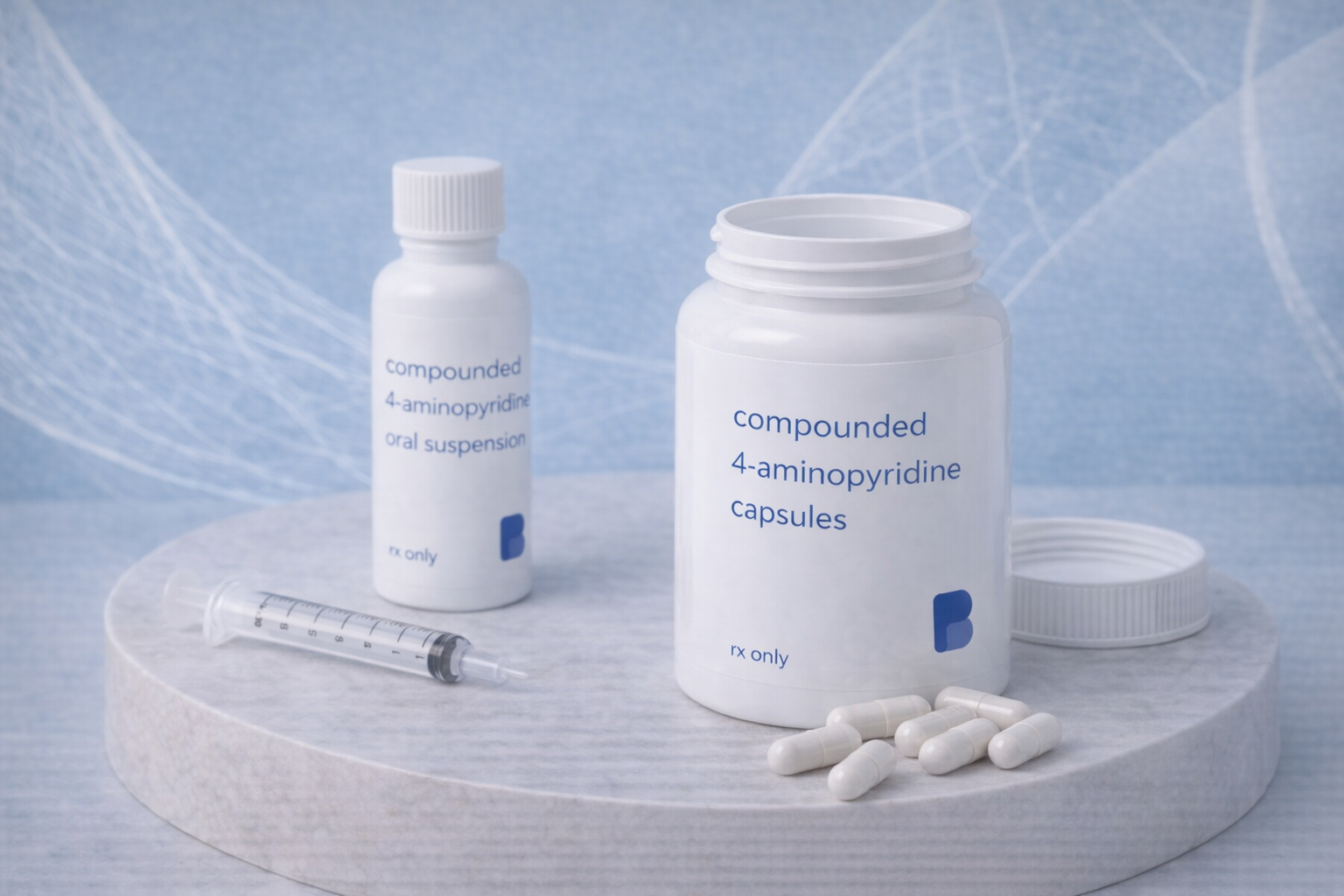 An open bottle of compounded 4-aminopyridine capsules beside a 4-aminopyridine oral suspension and an oral syringe