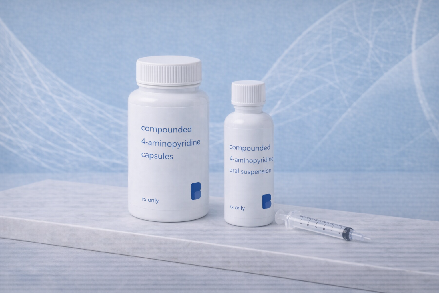 A bottle of compounded 4-aminopyridine capsules and a 4-aminopyridine oral suspension with an oral syringe from Bayview Pharmacy