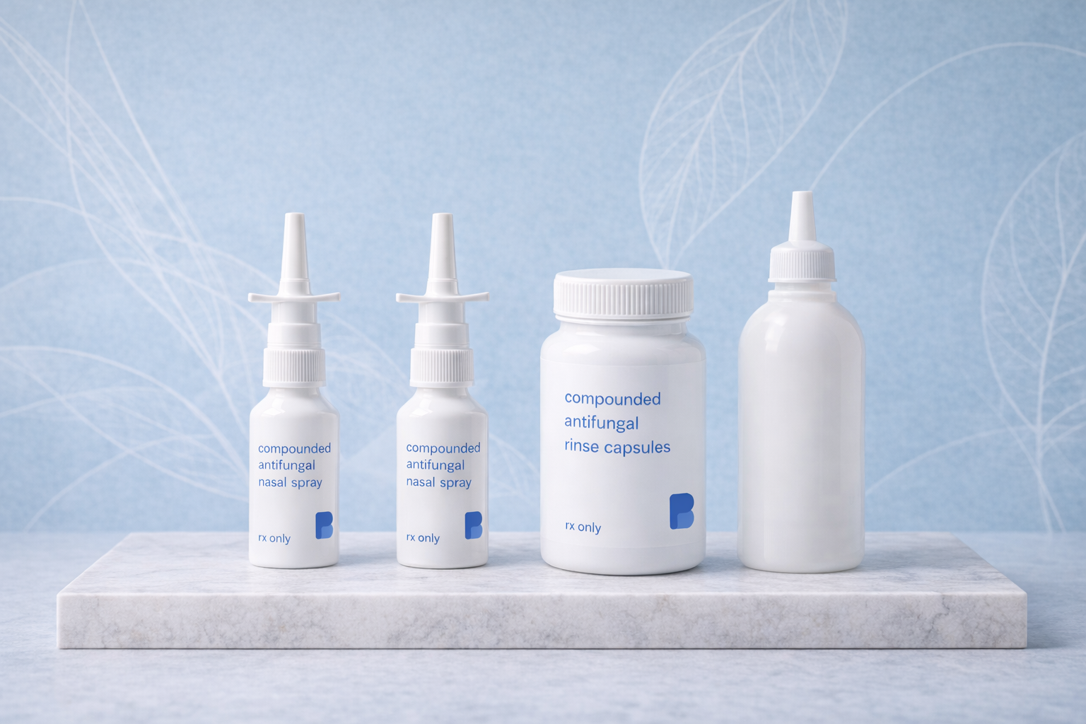 Compounded antifungal nasal sprays, rinse capsules, and a sinus rinse bottle from Bayview Pharmacy