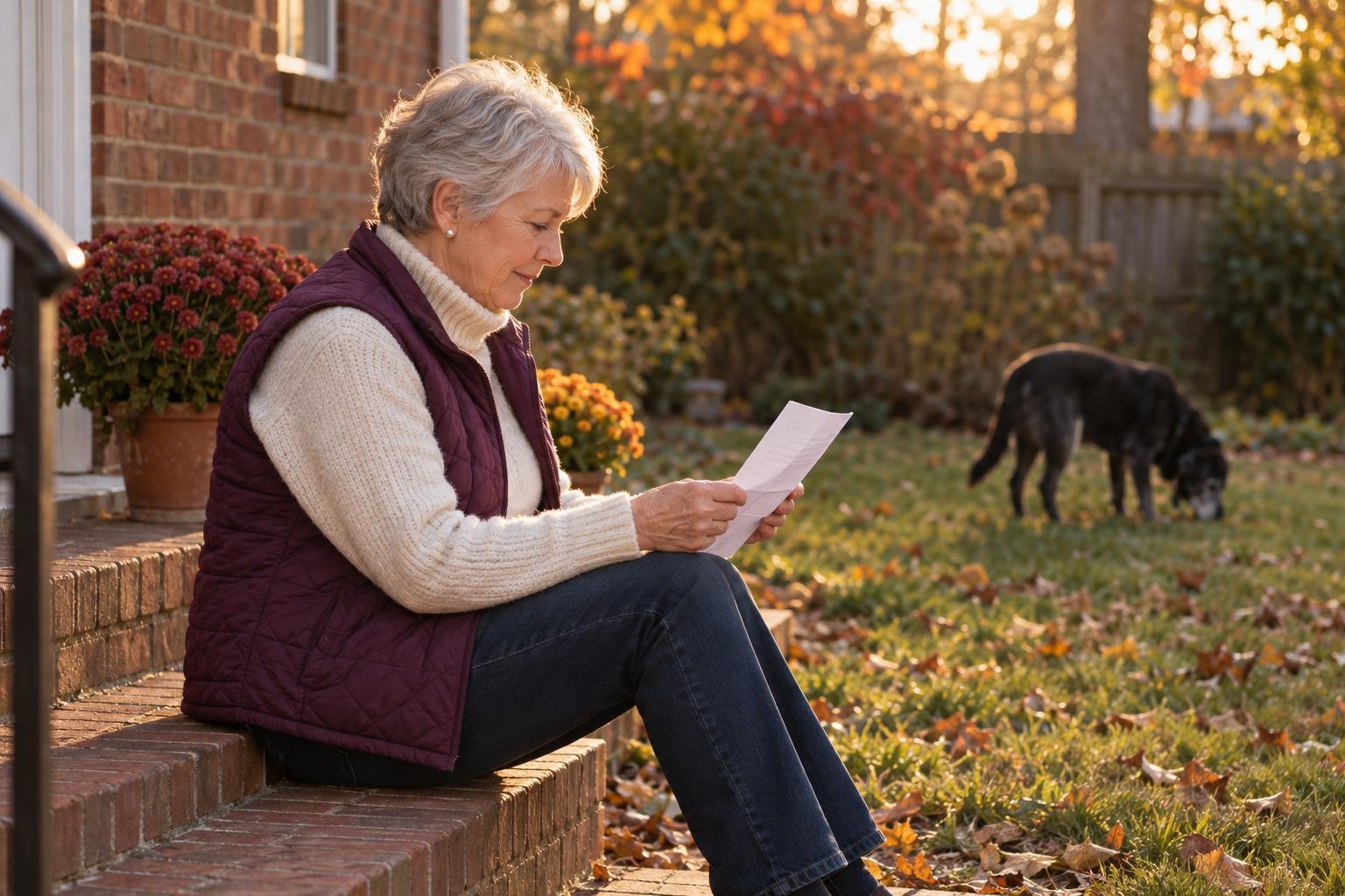 Lifestyle: Hannah reading a printed sheet on her back steps while her older Labrador sniffs the lawn