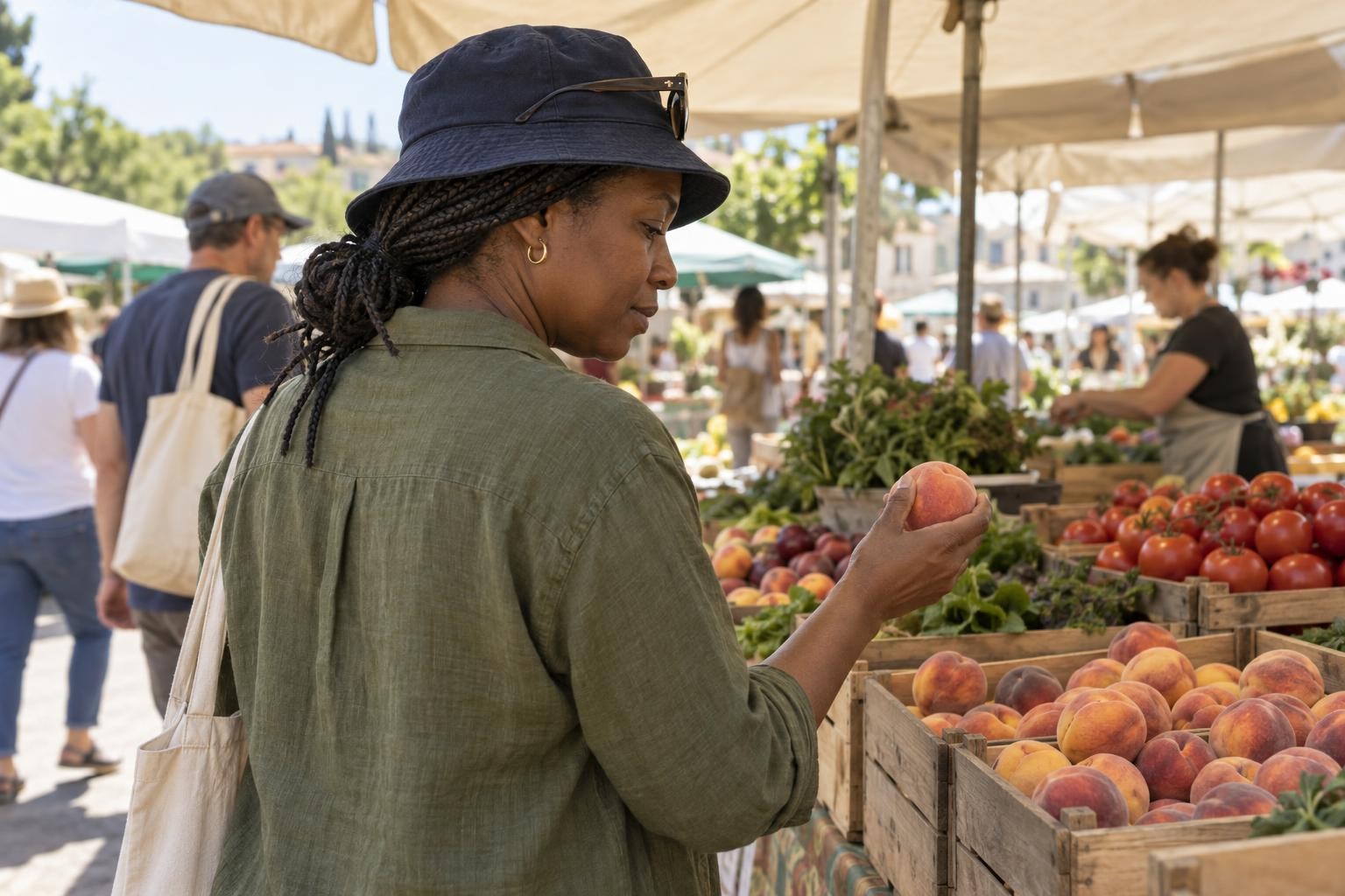 A woman in a bucket hat choosing peaches in the shade of a market awning