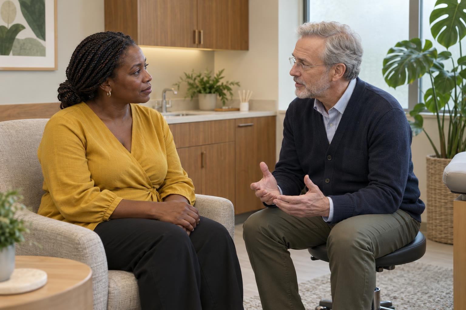 A woman talking with her dermatologist in a consultation room