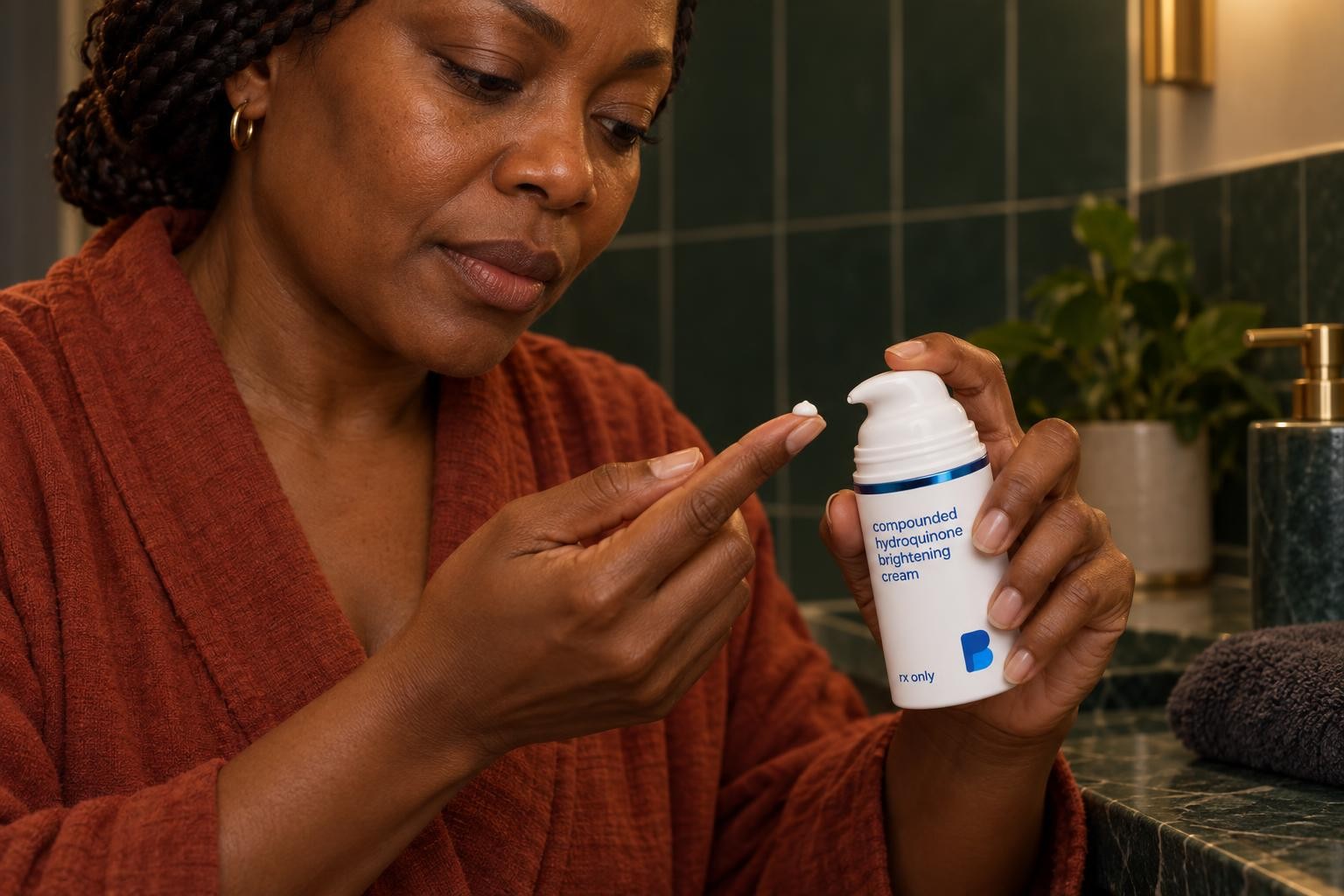 A woman dispensing a pea-sized amount of Bayview compounded hydroquinone brightening cream onto her fingertip
