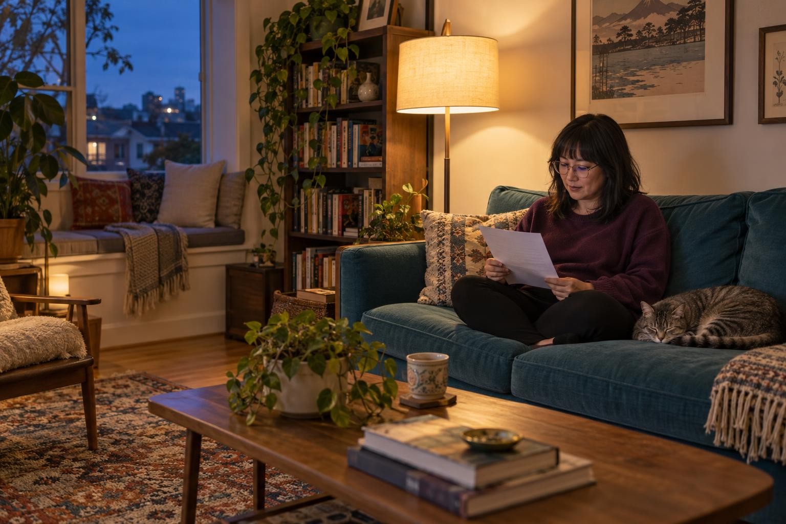 Yuki reading a printed sheet on the sofa while her cat sleeps beside her