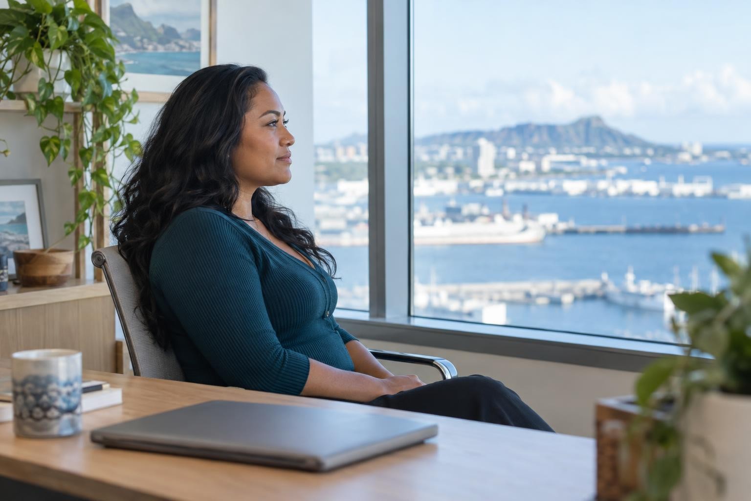 Leilani waiting quietly at her desk, looking out over the harbor