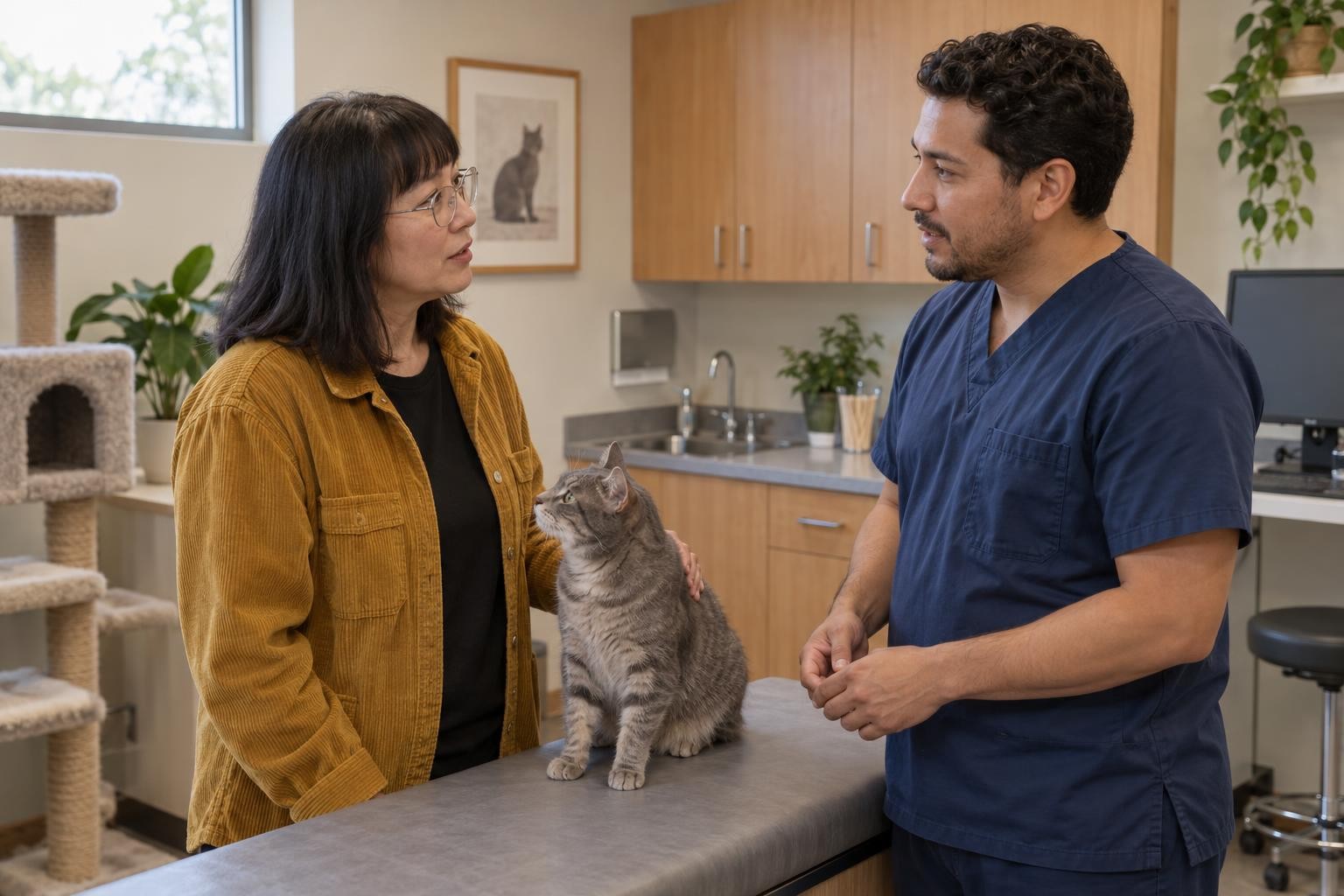 Yuki, a woman in her late 40s, talking with her veterinarian while her grey tabby sits on the exam table