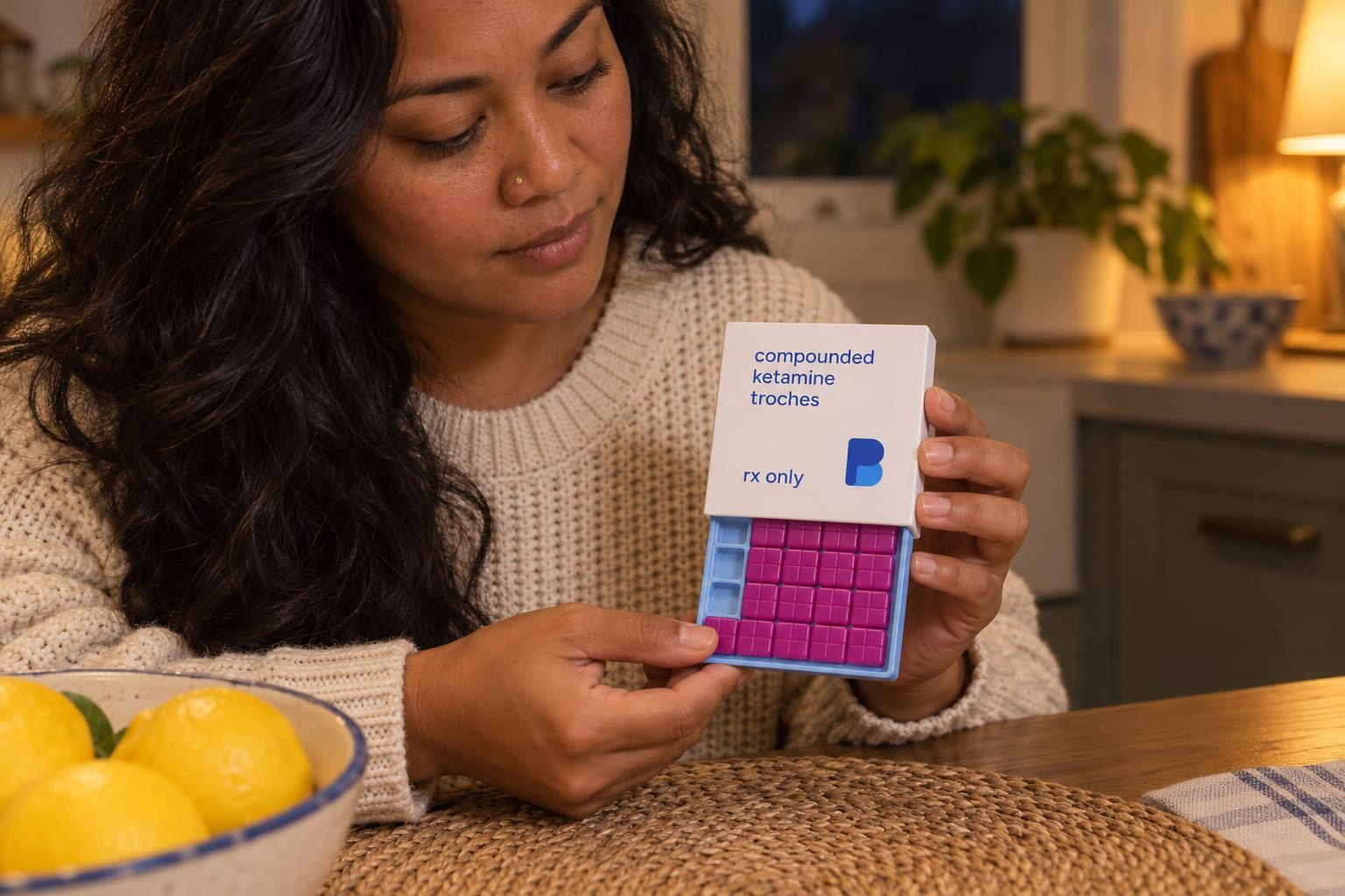 Leilani holding a box of Bayview compounded ketamine troches with the tray slid out at her kitchen table