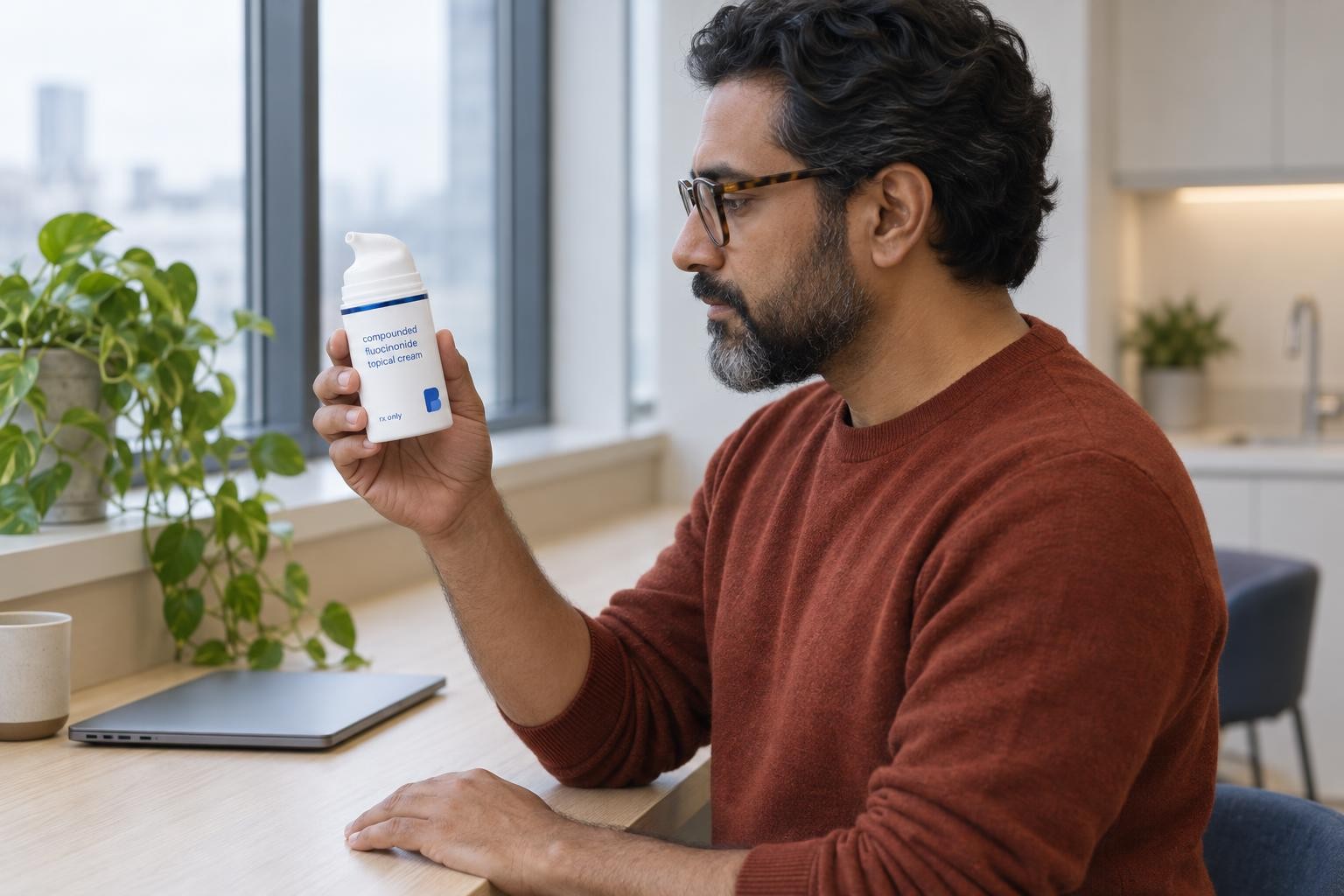 Tariq reading the label on a pump bottle of Bayview compounded fluocinonide cream in a clinic workroom