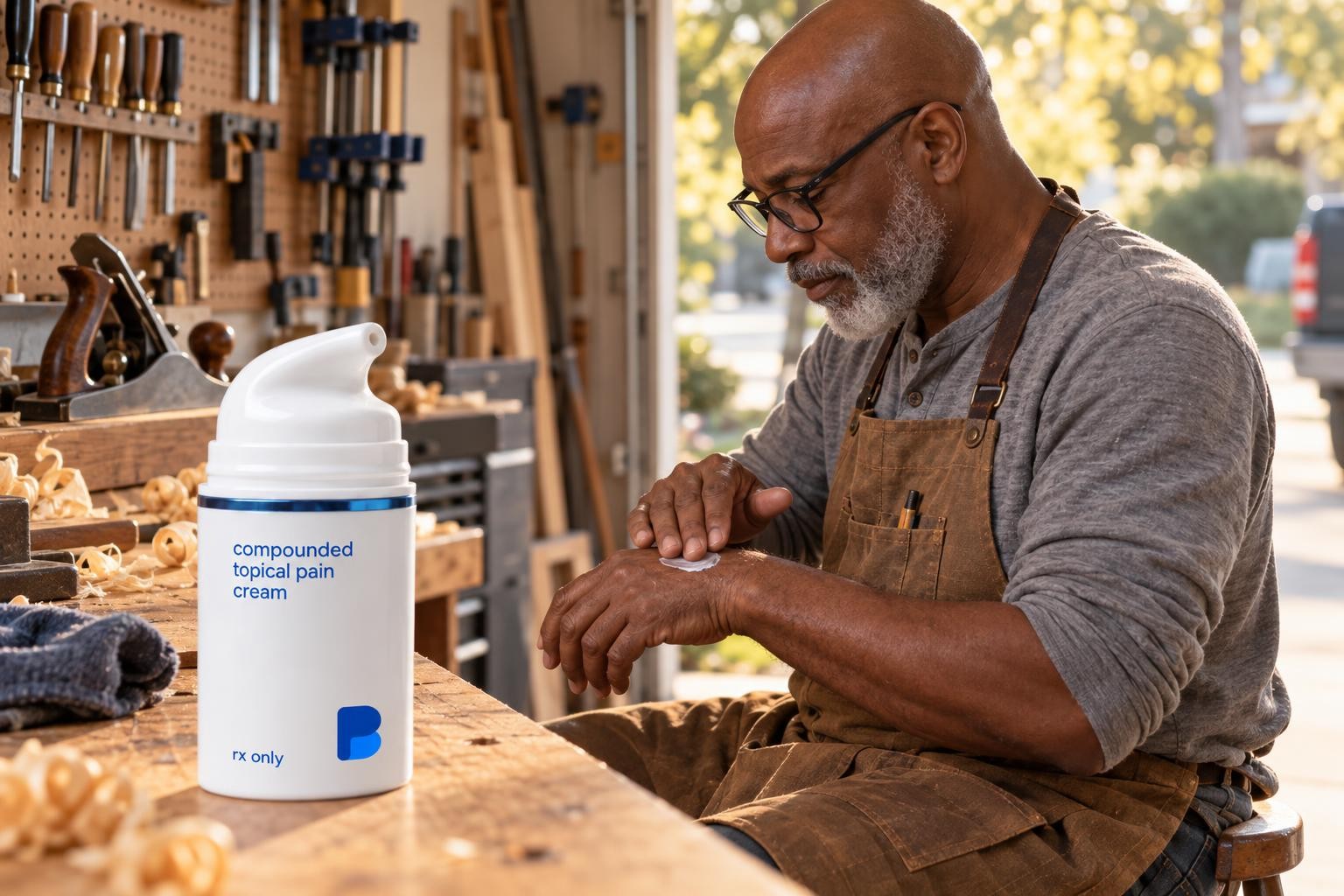 Darnell rubbing Bayview compounded topical pain cream into the back of his hand at his woodshop bench