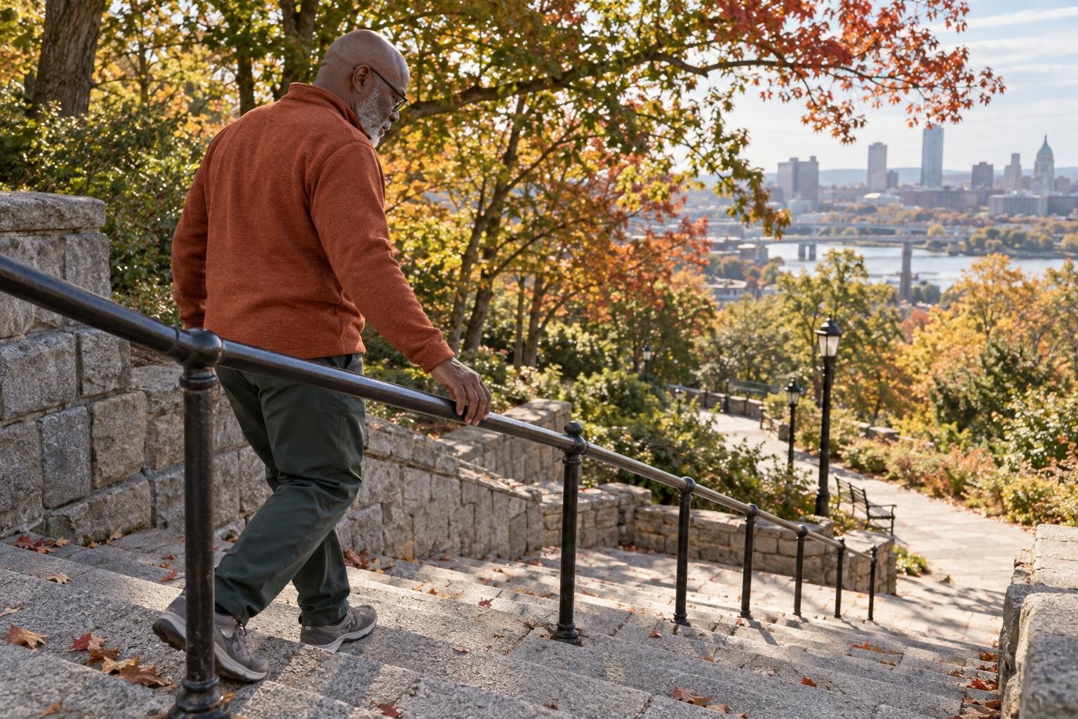 Darnell, a man in his mid 60s, walking down the stone steps of a hillside park in autumn