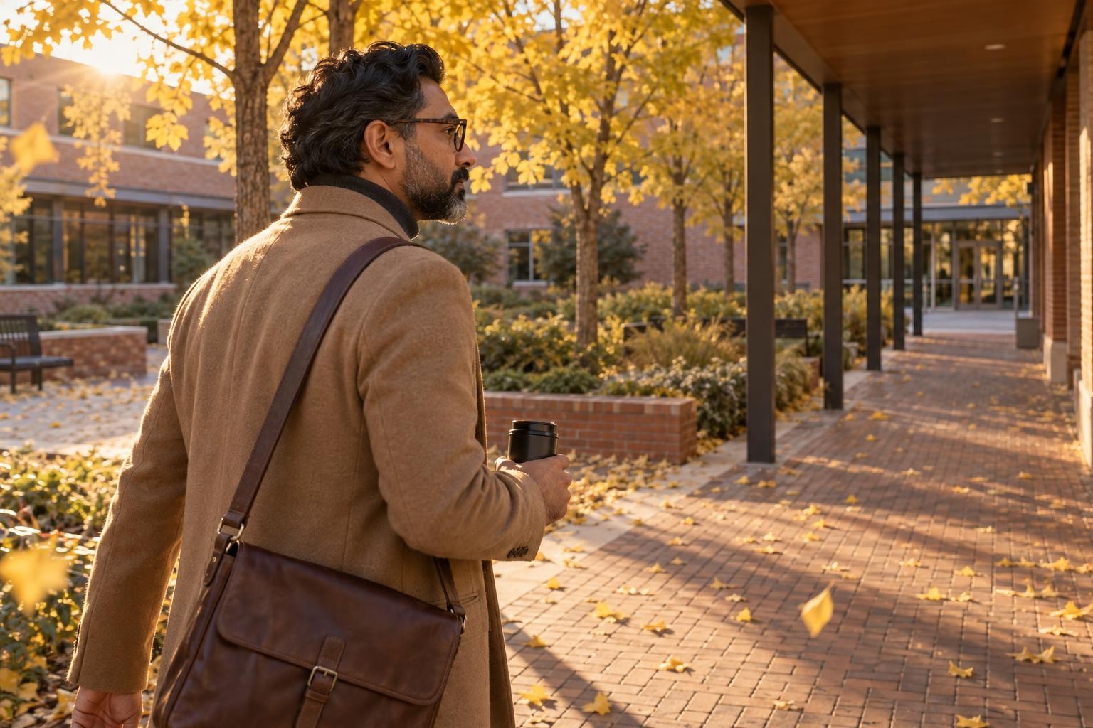 Tariq walking through an empty clinic courtyard under yellow ginkgo trees