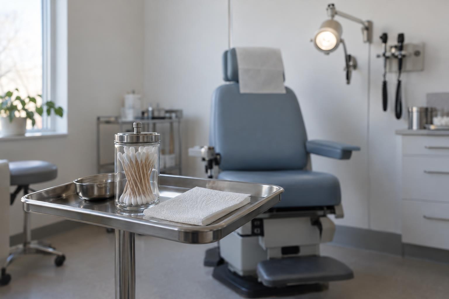 An empty ENT exam room with an exam chair, a wall-mounted exam light, and a tray of cotton swabs