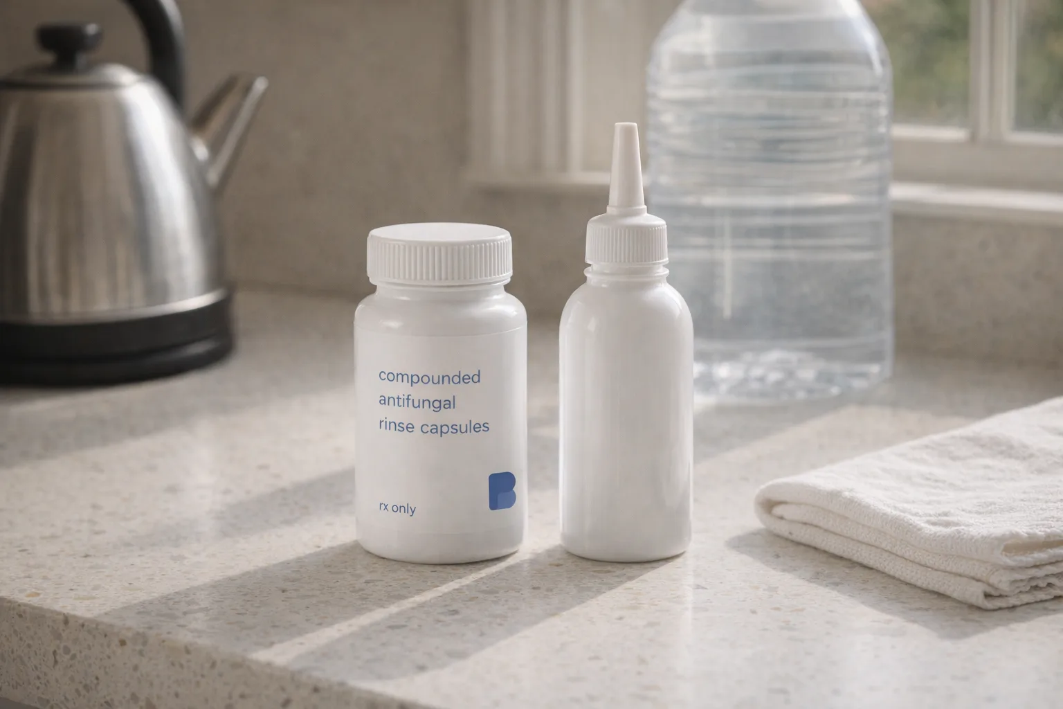 A compounded antifungal rinse capsule bottle beside an empty sinus rinse bottle on a kitchen counter, with a kettle and a jug of water behind them